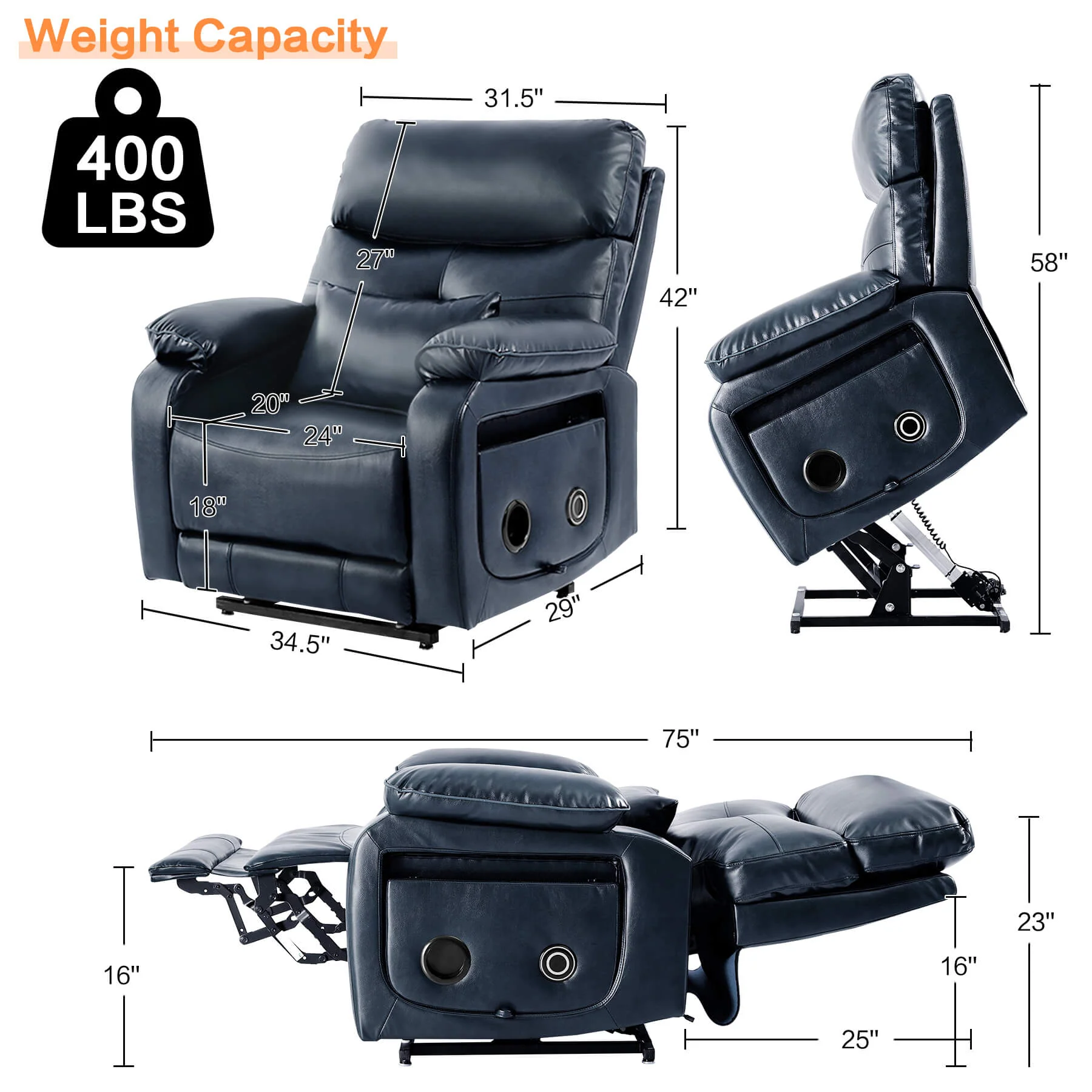 Infinite Position Power Lift Recliner Chair W/ Wireless Charger & Cup Holder, Vibration Massage & Heating, Genuine Leather - Image 43