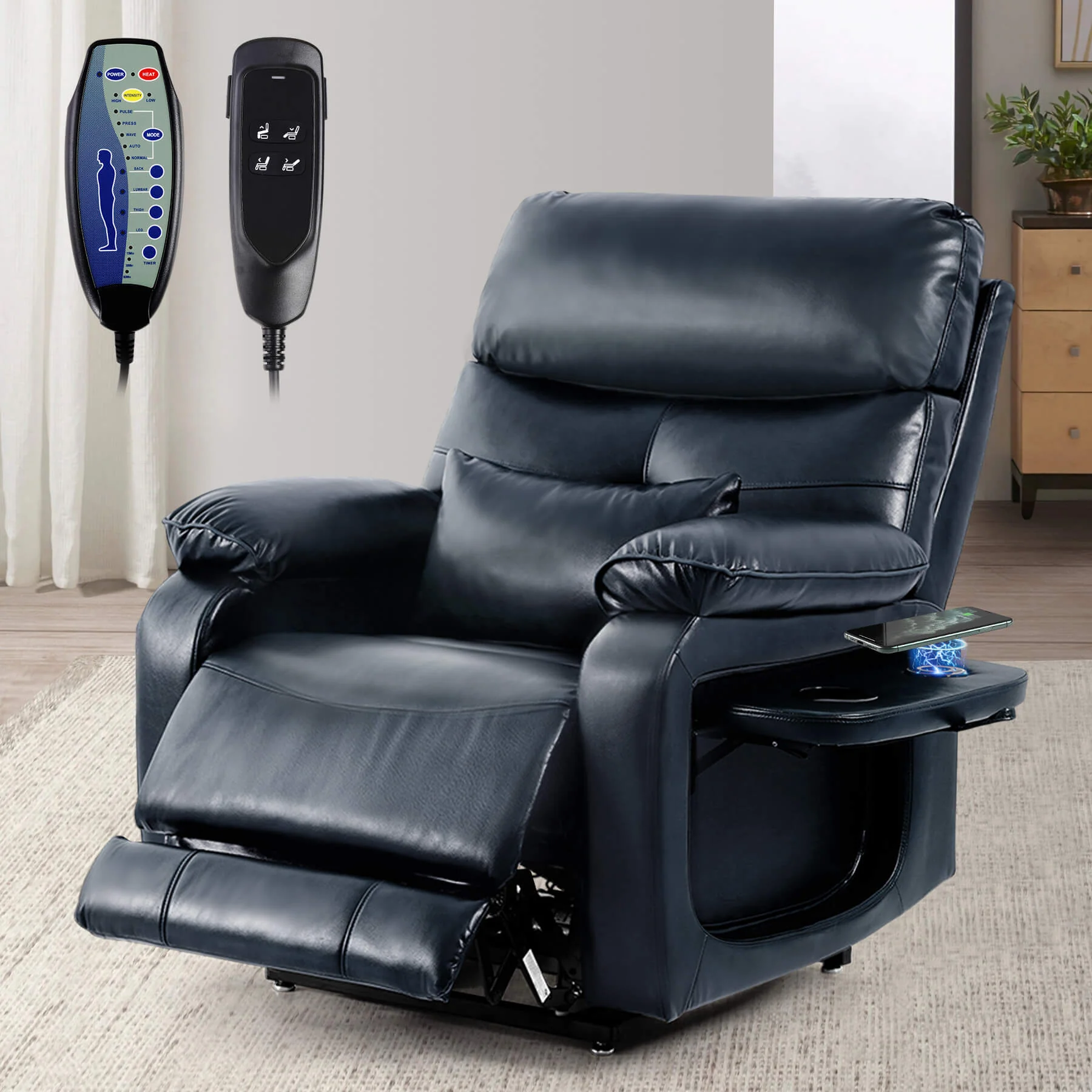 Infinite Position Power Lift Recliner Chair W/ Wireless Charger & Cup Holder, Vibration Massage & Heating, Genuine Leather - Image 44
