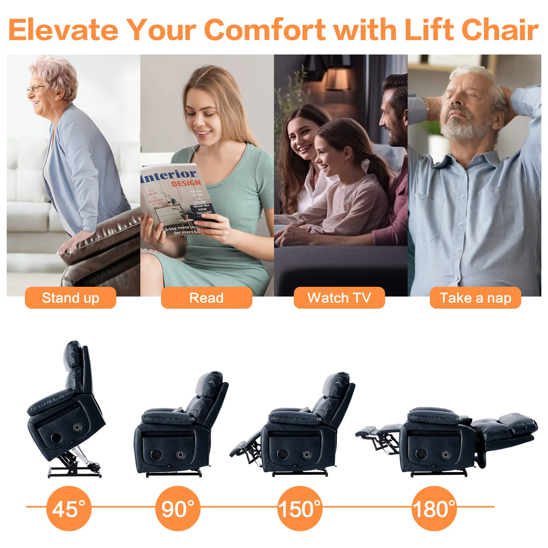 Infinite Position Power Lift Recliner Chair W/ Wireless Charger & Cup Holder, Vibration Massage & Heating, Genuine Leather - Image 45