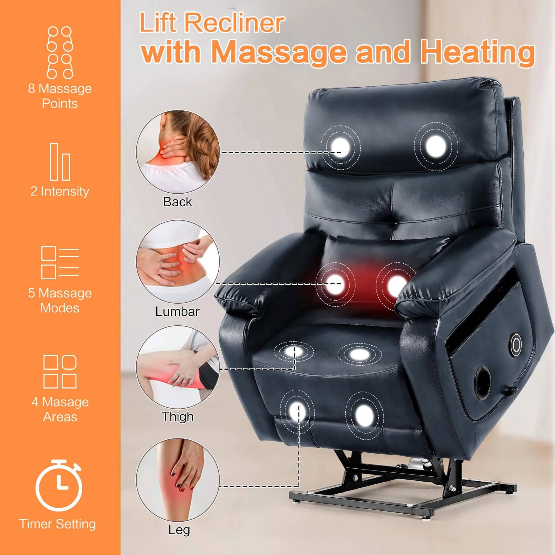 Infinite Position Power Lift Recliner Chair W/ Wireless Charger & Cup Holder, Vibration Massage & Heating, Genuine Leather - Image 46