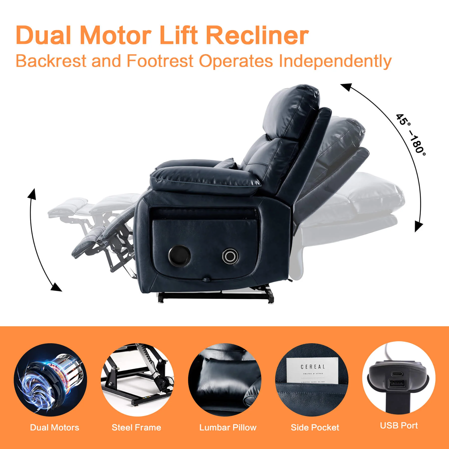 Infinite Position Power Lift Recliner Chair W/ Wireless Charger & Cup Holder, Vibration Massage & Heating, Genuine Leather - Image 47
