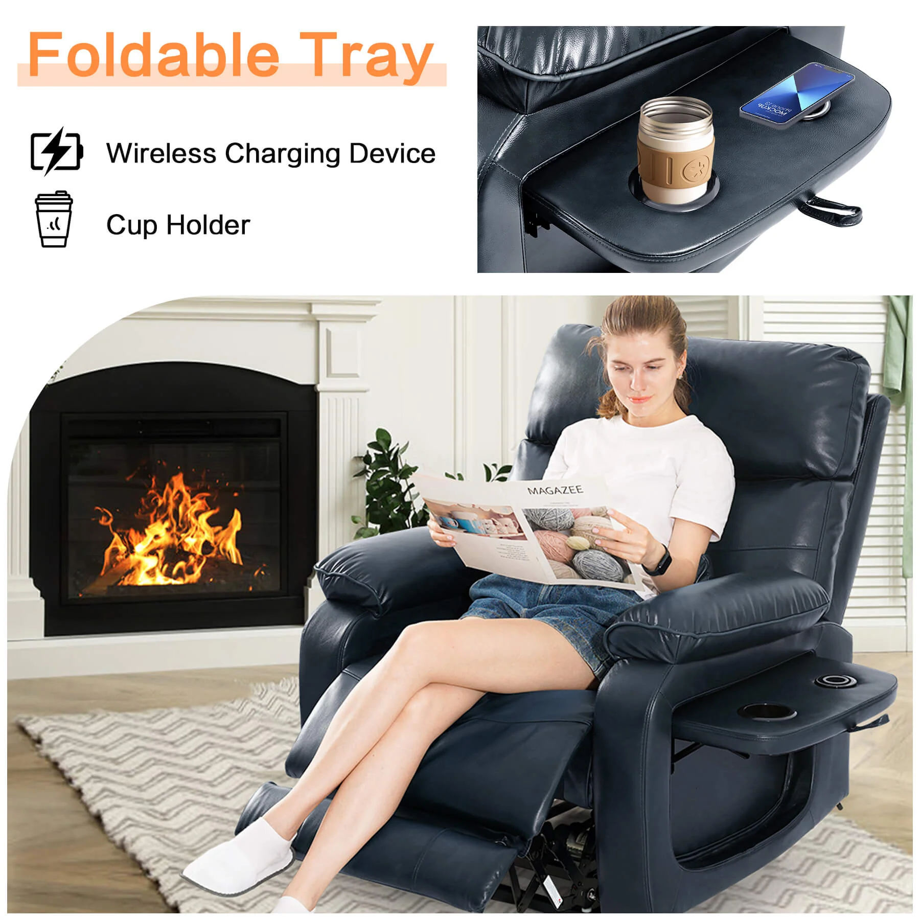 Infinite Position Power Lift Recliner Chair W/ Wireless Charger & Cup Holder, Vibration Massage & Heating, Genuine Leather - Image 48