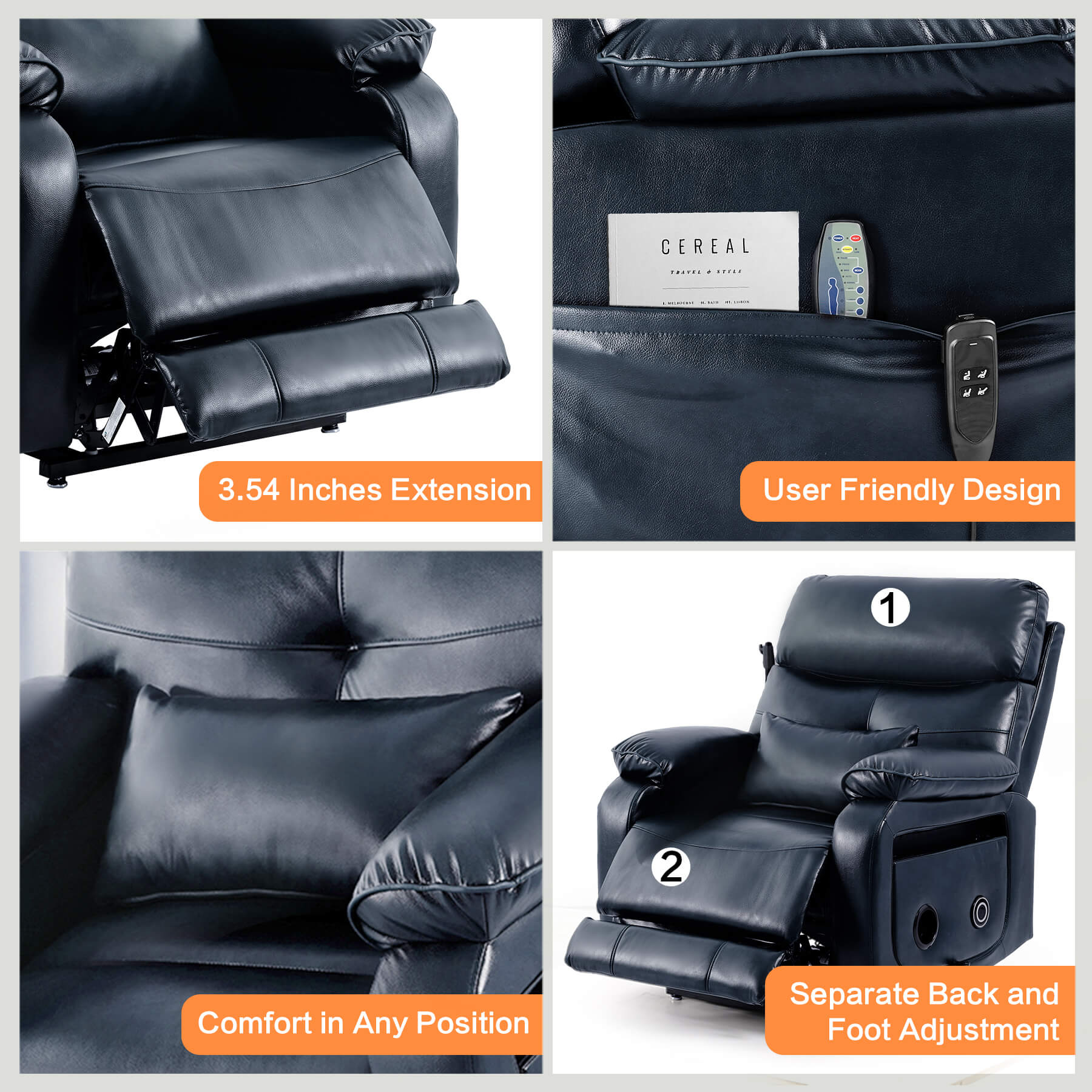 Infinite Position Power Lift Recliner Chair W/ Wireless Charger & Cup Holder, Vibration Massage & Heating, Genuine Leather - Image 49