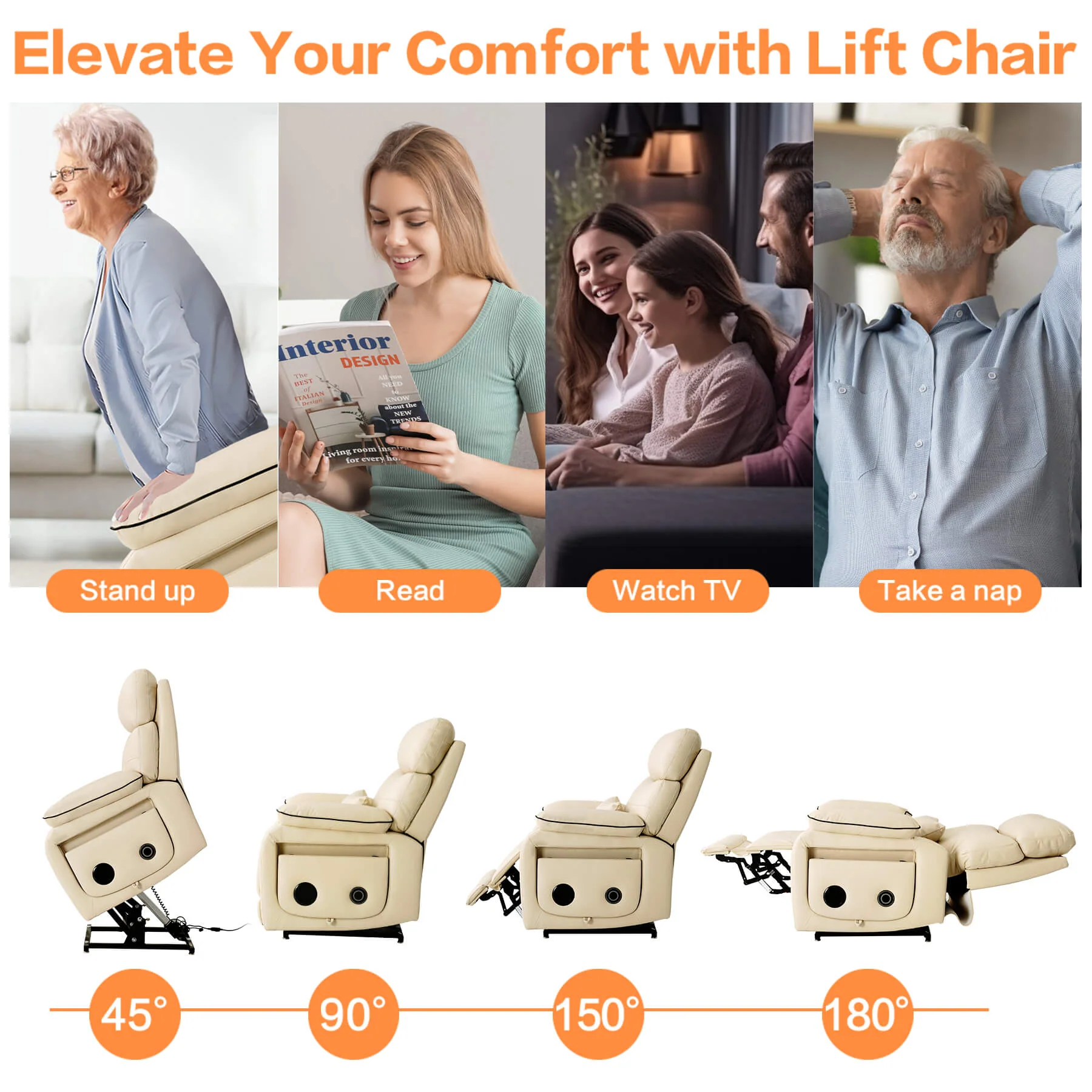 Infinite Position Power Lift Recliner Chair W/ Wireless Charger & Cup Holder, Vibration Massage & Heating, Genuine Leather - Image 5