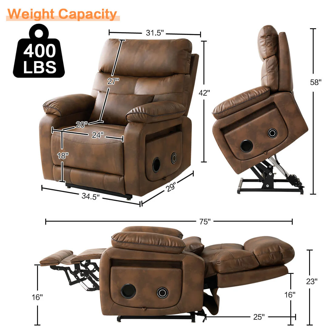 Infinite Position Power Lift Recliner Chair W/ Wireless Charger & Cup Holder, Vibration Massage & Heating, Genuine Leather - Image 53