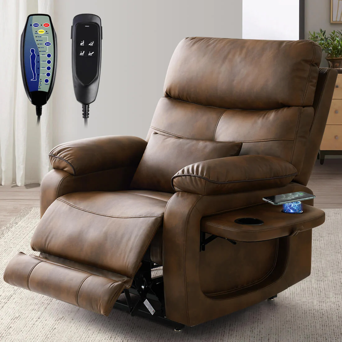 Infinite Position Power Lift Recliner Chair W/ Wireless Charger & Cup Holder, Vibration Massage & Heating, Genuine Leather - Image 54