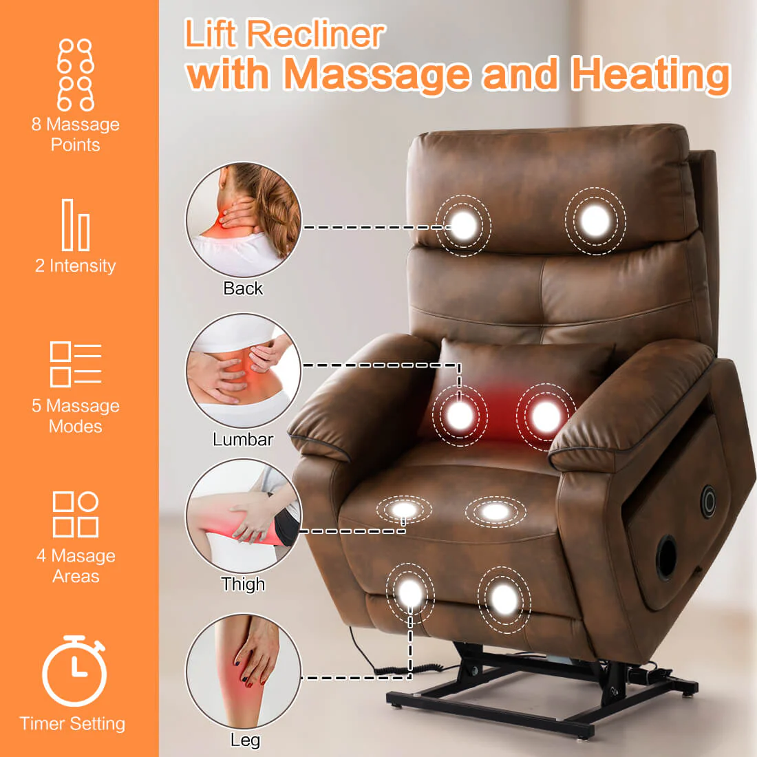 Infinite Position Power Lift Recliner Chair W/ Wireless Charger & Cup Holder, Vibration Massage & Heating, Genuine Leather - Image 56