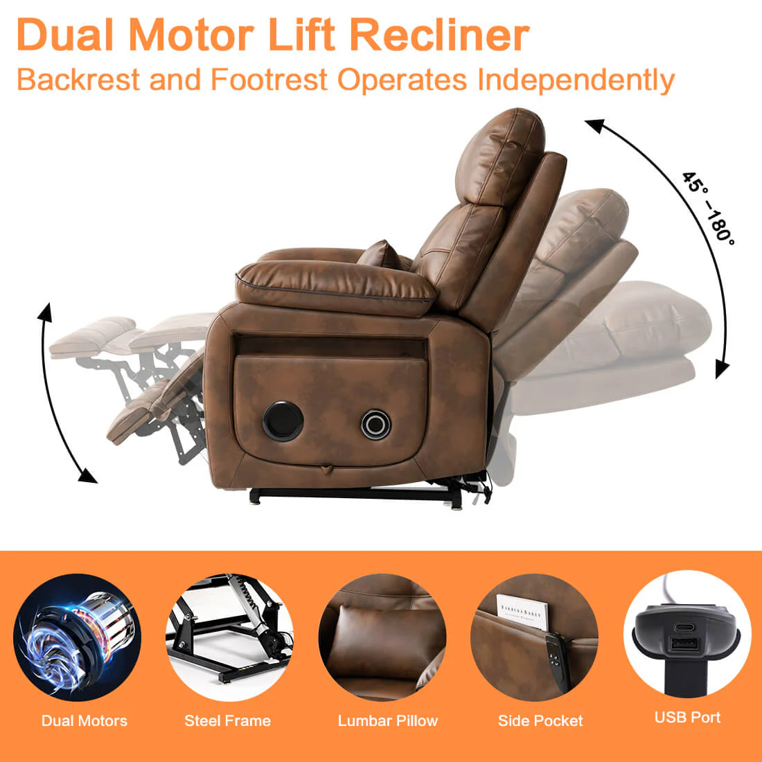 Infinite Position Power Lift Recliner Chair W/ Wireless Charger & Cup Holder, Vibration Massage & Heating, Genuine Leather - Image 57