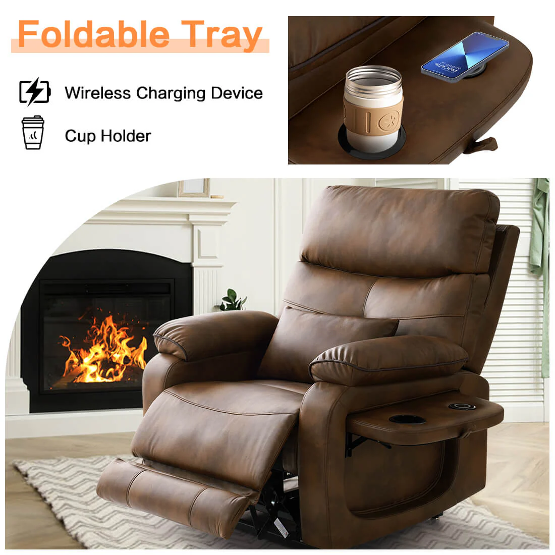 Infinite Position Power Lift Recliner Chair W/ Wireless Charger & Cup Holder, Vibration Massage & Heating, Genuine Leather - Image 58