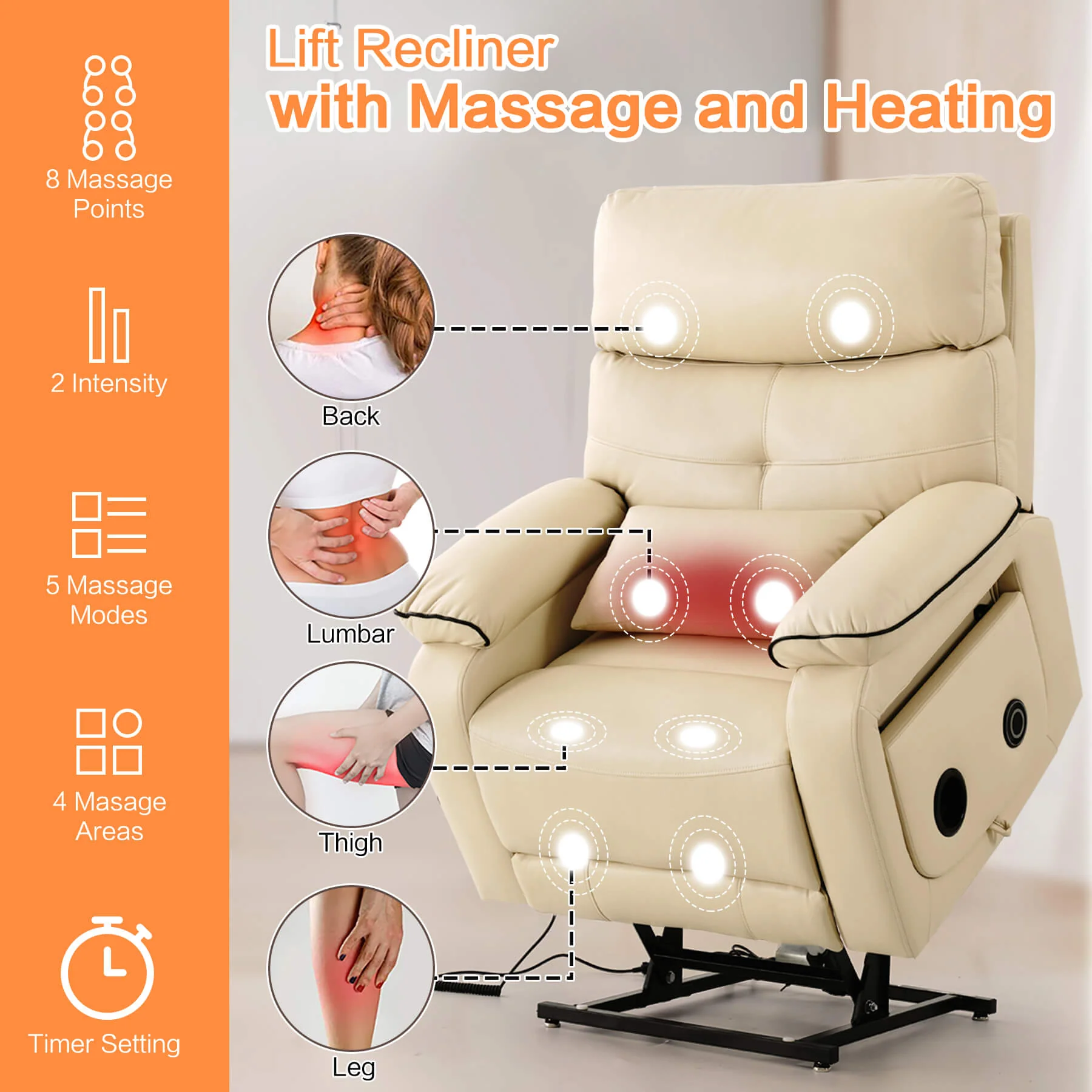Infinite Position Power Lift Recliner Chair W/ Wireless Charger & Cup Holder, Vibration Massage & Heating, Genuine Leather - Image 6