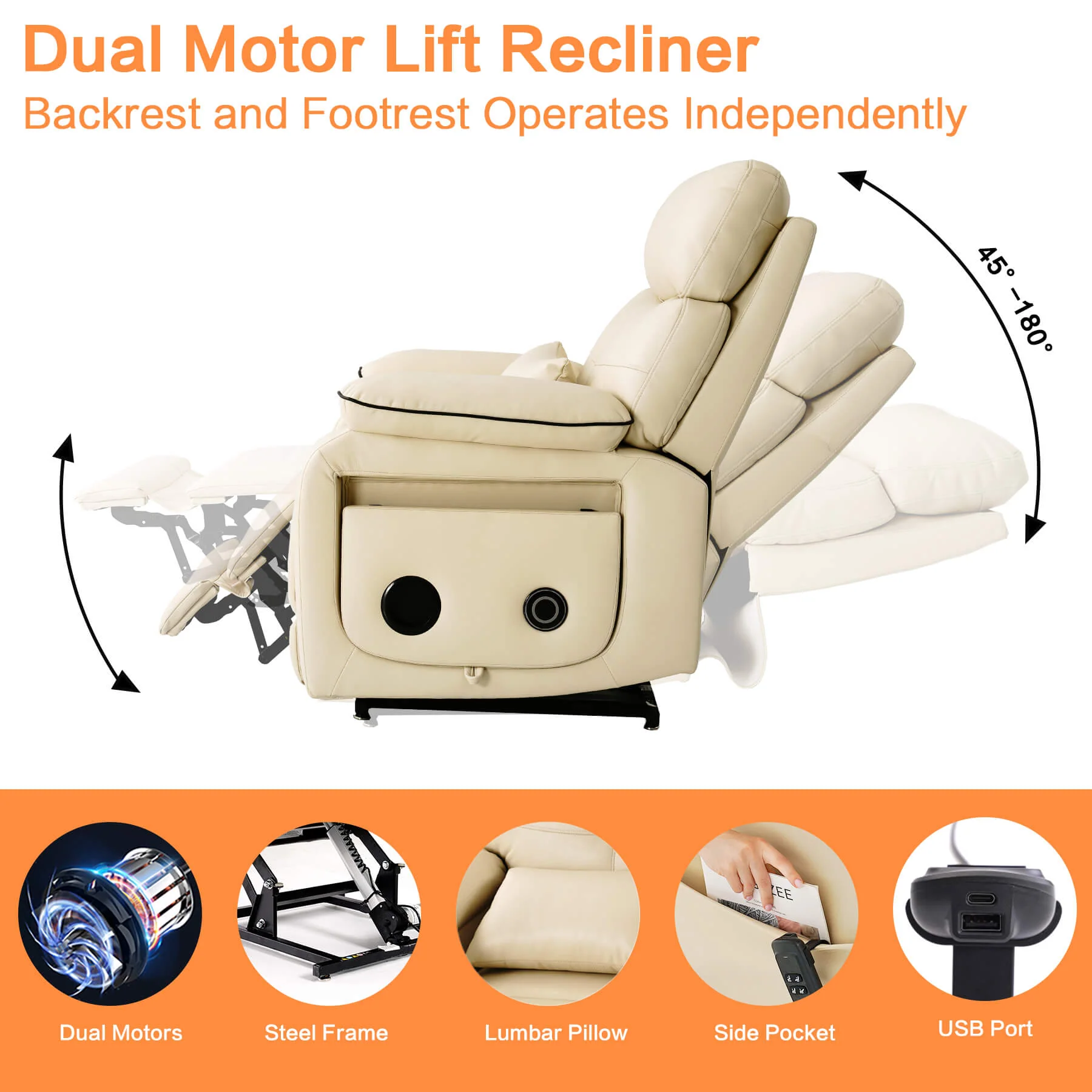 Infinite Position Power Lift Recliner Chair W/ Wireless Charger & Cup Holder, Vibration Massage & Heating, Genuine Leather - Image 7