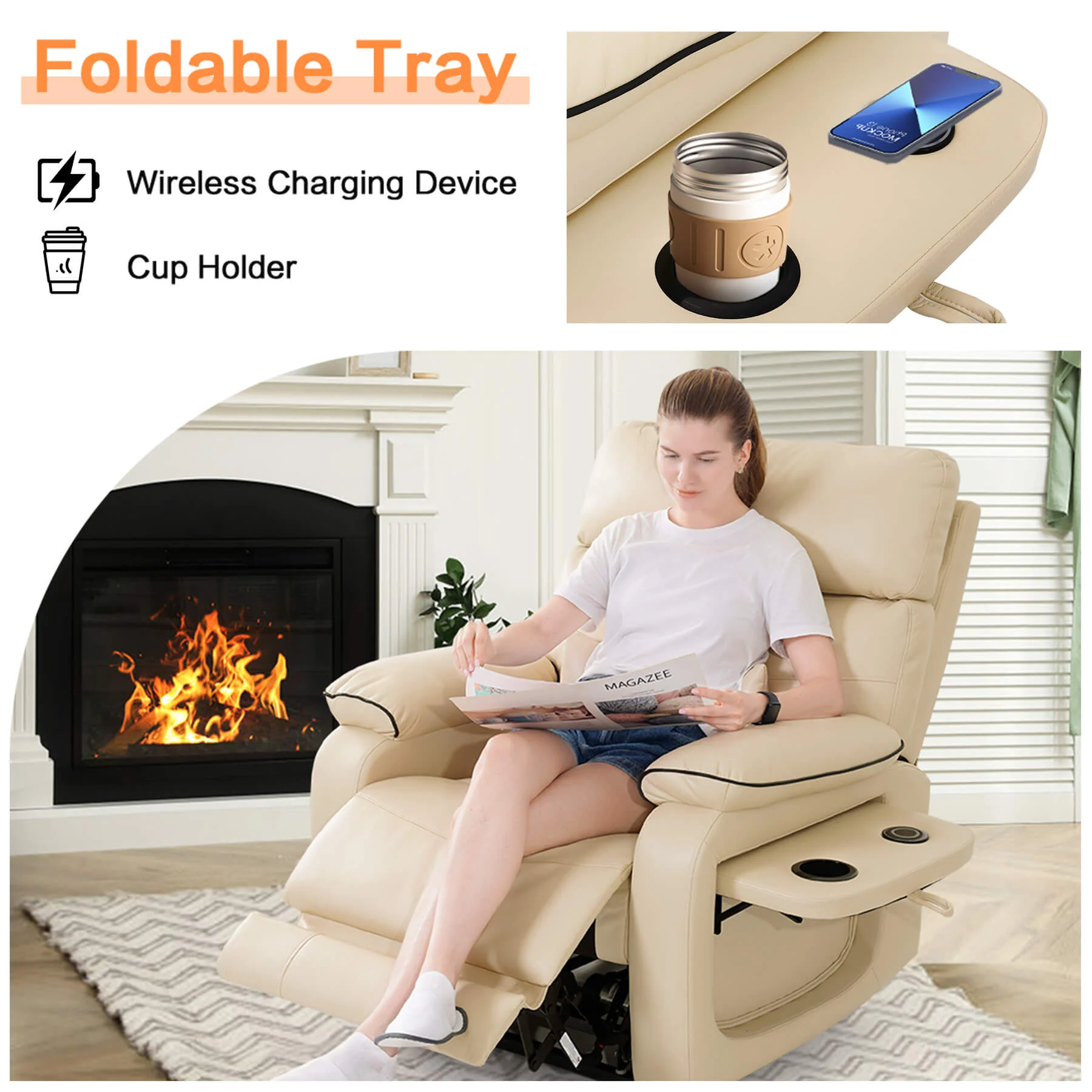 Infinite Position Power Lift Recliner Chair W/ Wireless Charger & Cup Holder, Vibration Massage & Heating, Genuine Leather - Image 8