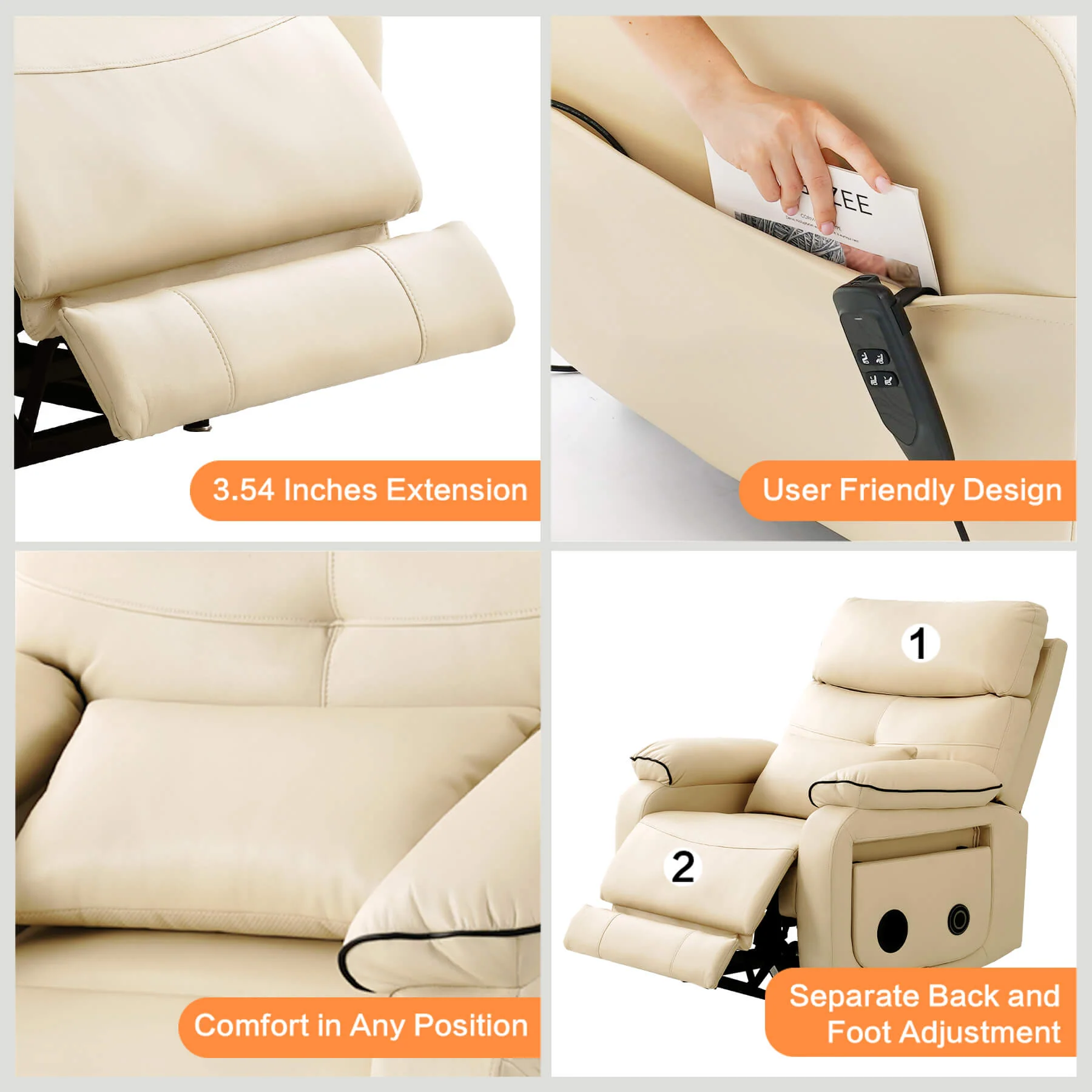 Infinite Position Power Lift Recliner Chair W/ Wireless Charger & Cup Holder, Vibration Massage & Heating, Genuine Leather - Image 9