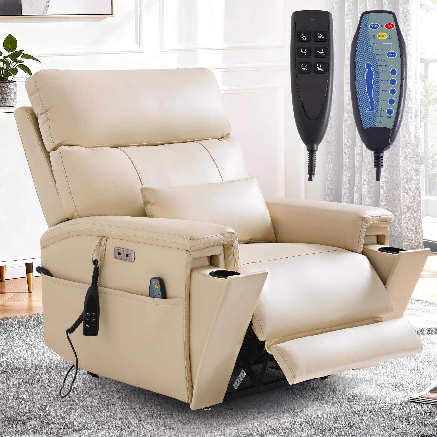 Triple Motor Infinite Position Power Lift Recliner Chair with Adjustable Headrest & Hidden Cup Holders, Massage & Heat, Leather - Image 11