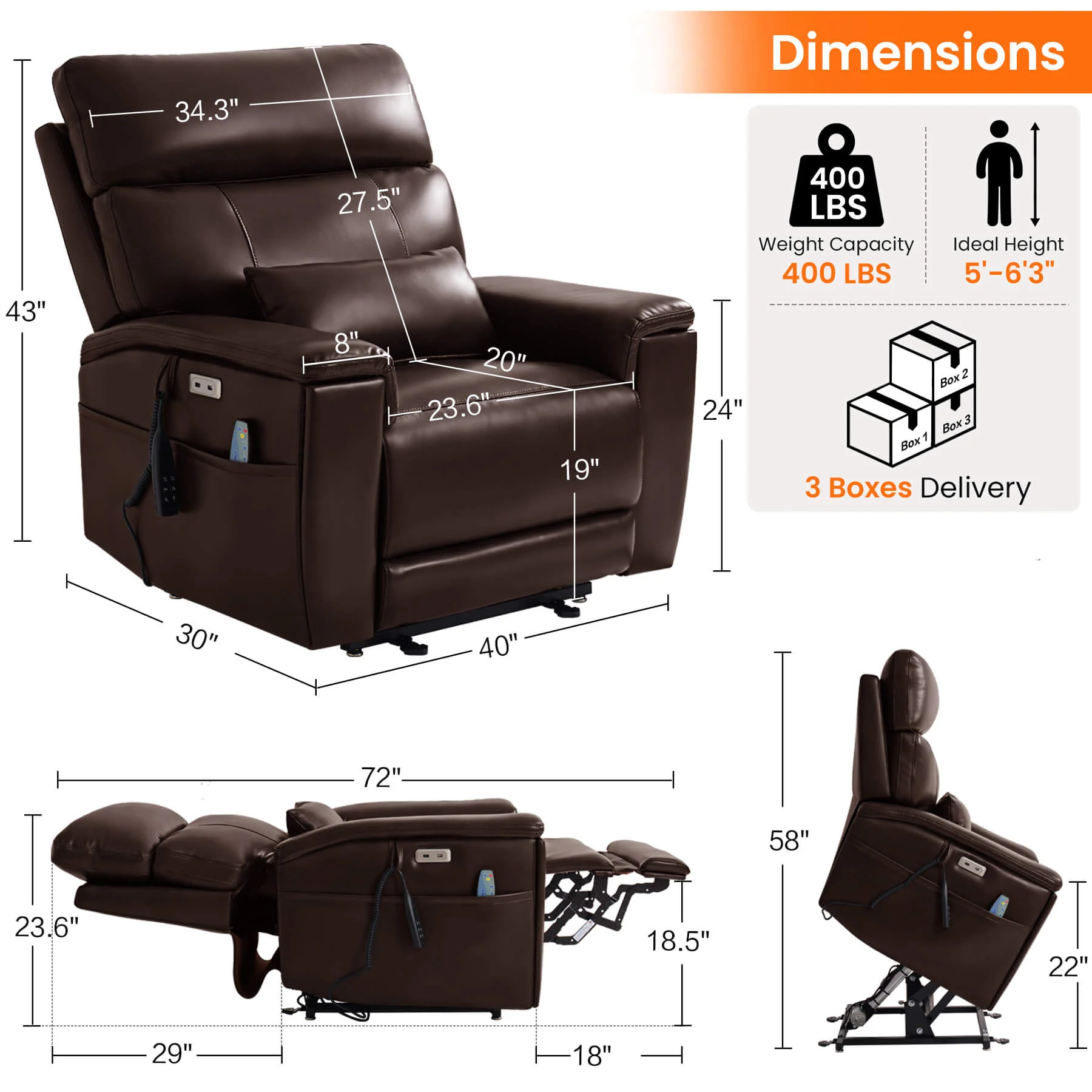 Triple Motor Infinite Position Power Lift Recliner Chair with Adjustable Headrest & Hidden Cup Holders, Massage & Heat, Leather - Image 14