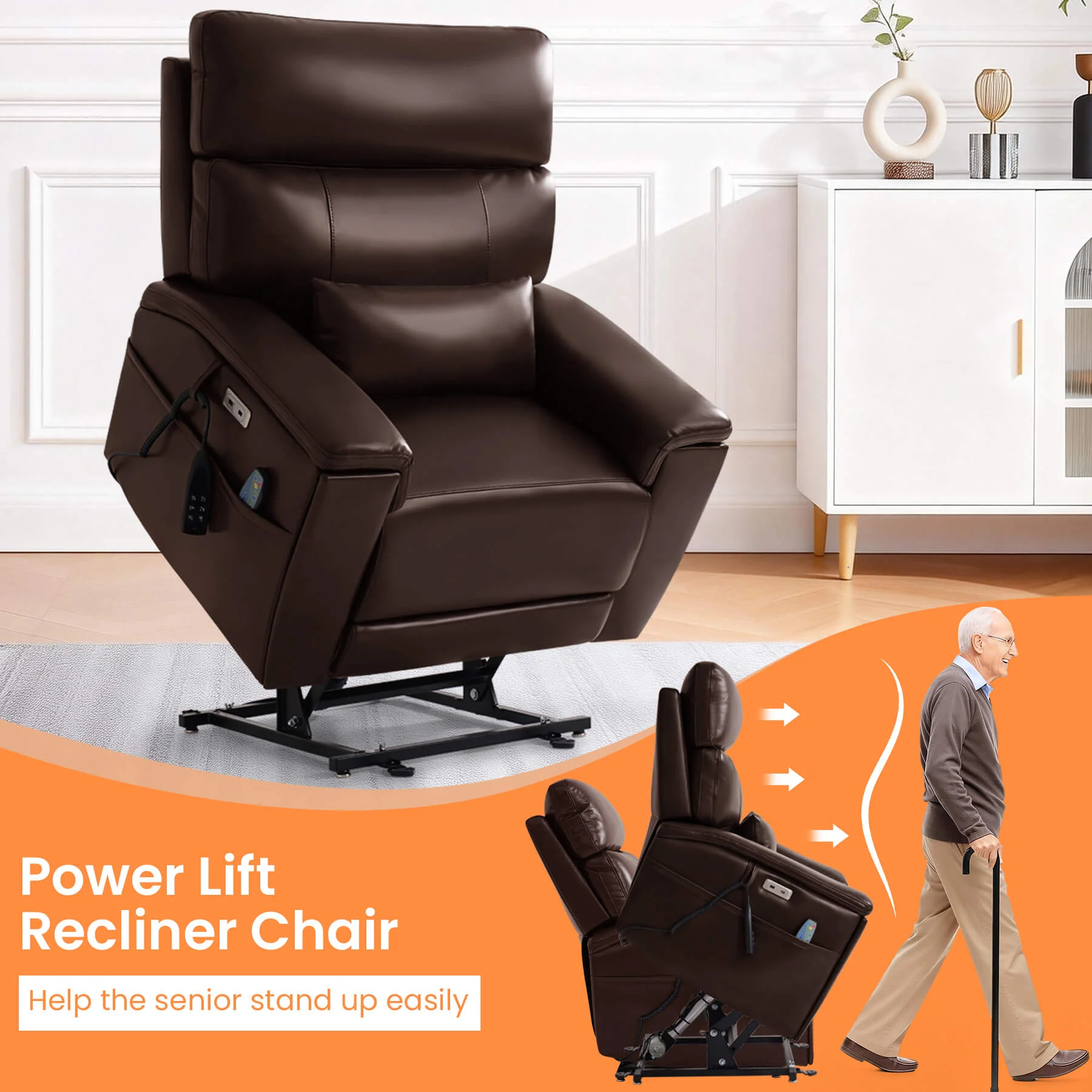 Triple Motor Infinite Position Power Lift Recliner Chair with Adjustable Headrest & Hidden Cup Holders, Massage & Heat, Leather - Image 15