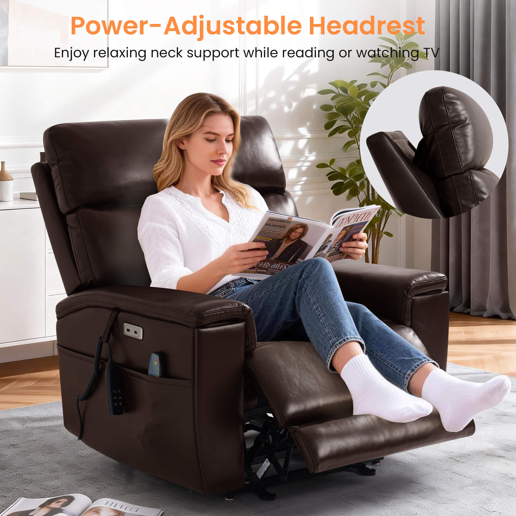 Triple Motor Infinite Position Power Lift Recliner Chair with Adjustable Headrest & Hidden Cup Holders, Massage & Heat, Leather - Image 16
