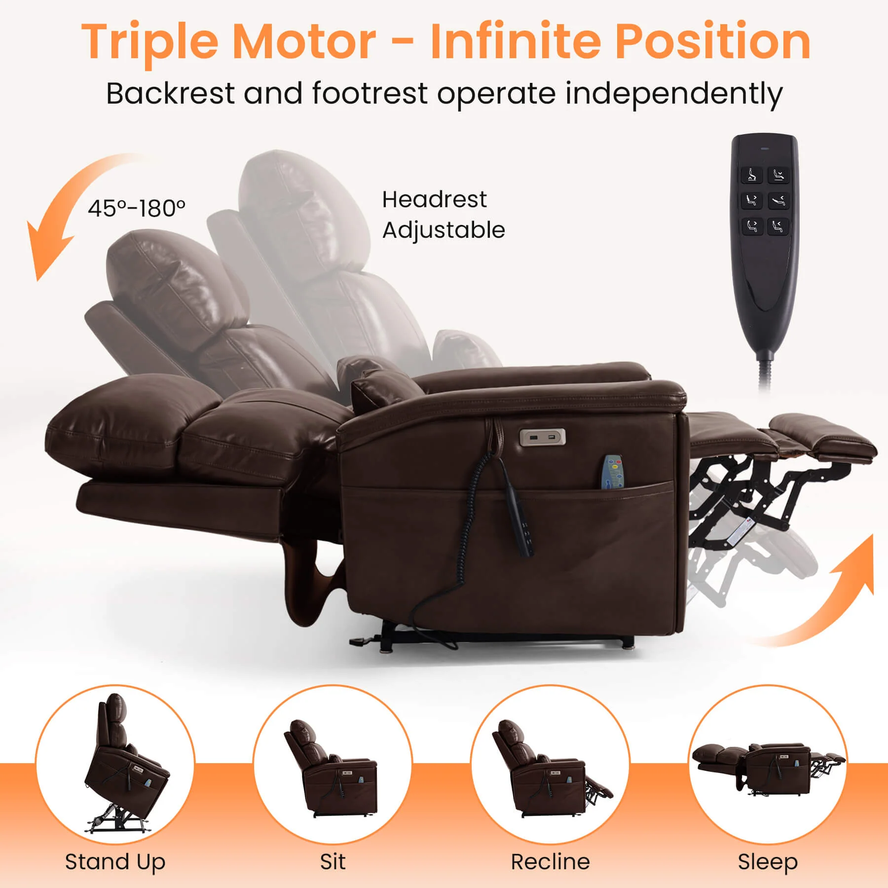 Triple Motor Infinite Position Power Lift Recliner Chair with Adjustable Headrest & Hidden Cup Holders, Massage & Heat, Leather - Image 18