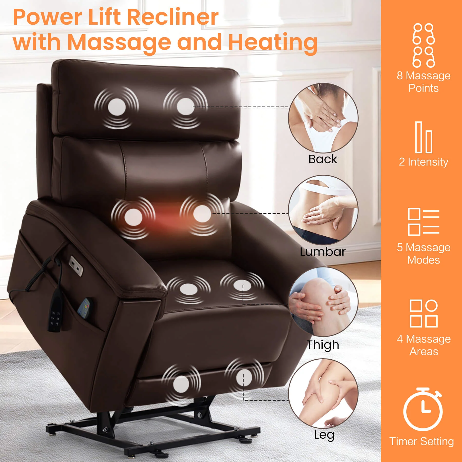 Triple Motor Infinite Position Power Lift Recliner Chair with Adjustable Headrest & Hidden Cup Holders, Massage & Heat, Leather - Image 19