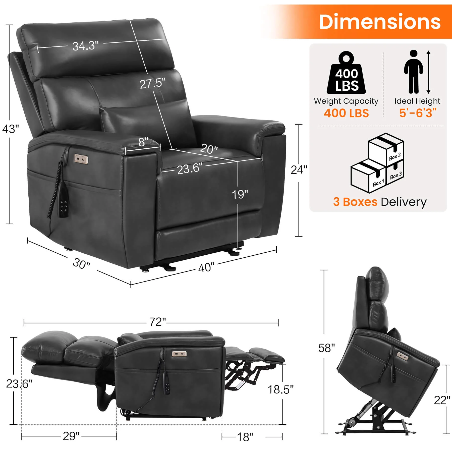 Triple Motor Infinite Position Power Lift Recliner Chair with Adjustable Headrest & Hidden Cup Holders, Massage & Heat, Leather - Image 25
