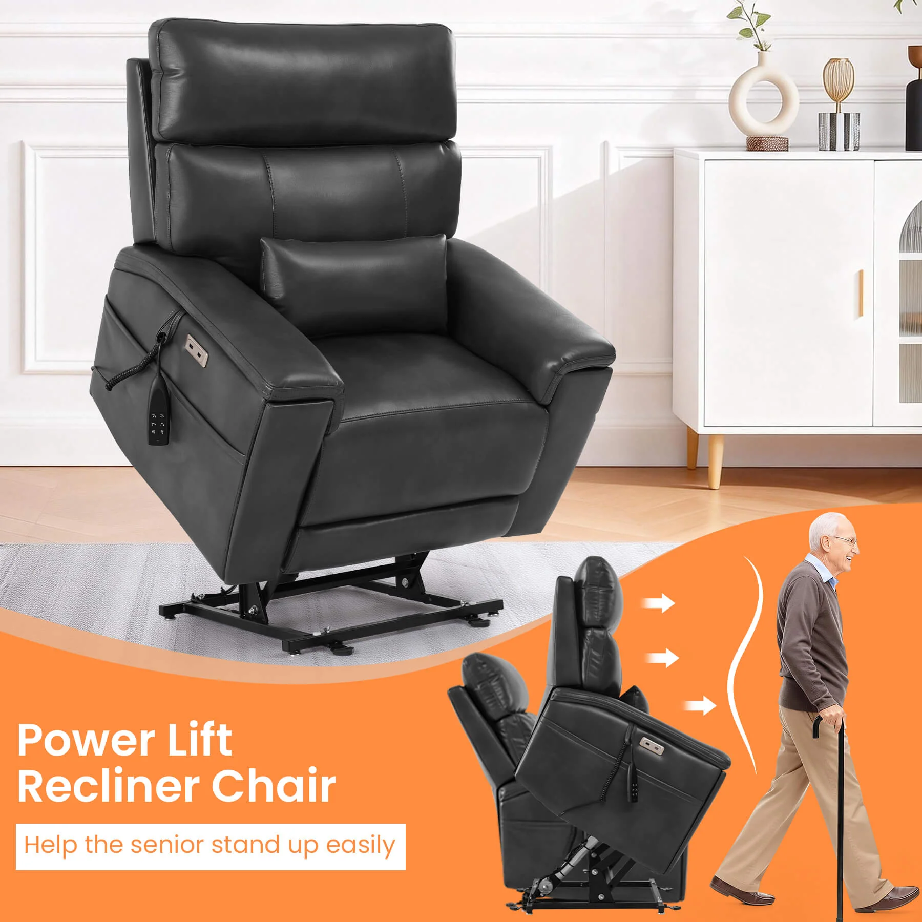 Triple Motor Infinite Position Power Lift Recliner Chair with Adjustable Headrest & Hidden Cup Holders, Massage & Heat, Leather - Image 26
