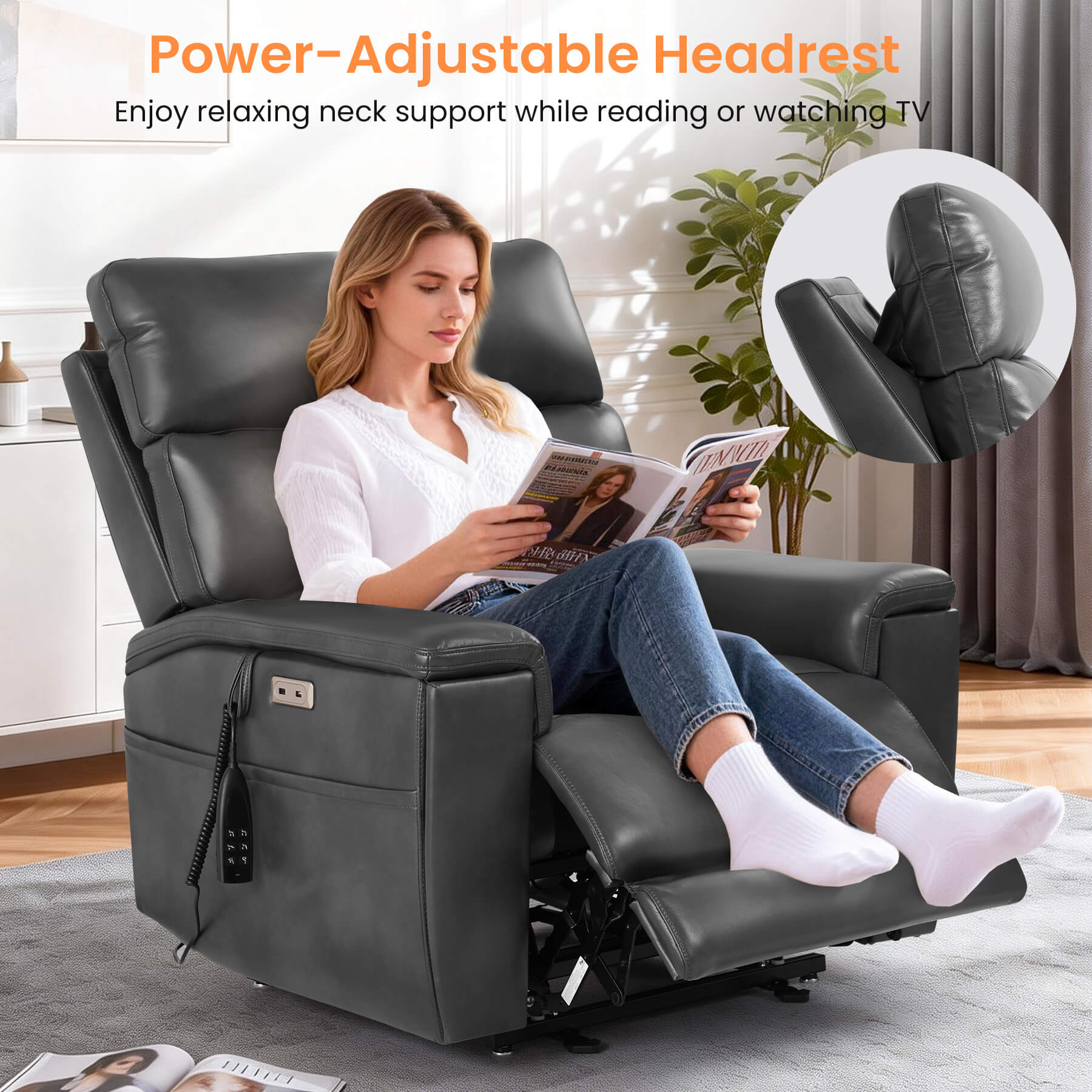 Triple Motor Infinite Position Power Lift Recliner Chair with Adjustable Headrest & Hidden Cup Holders, Massage & Heat, Leather - Image 27
