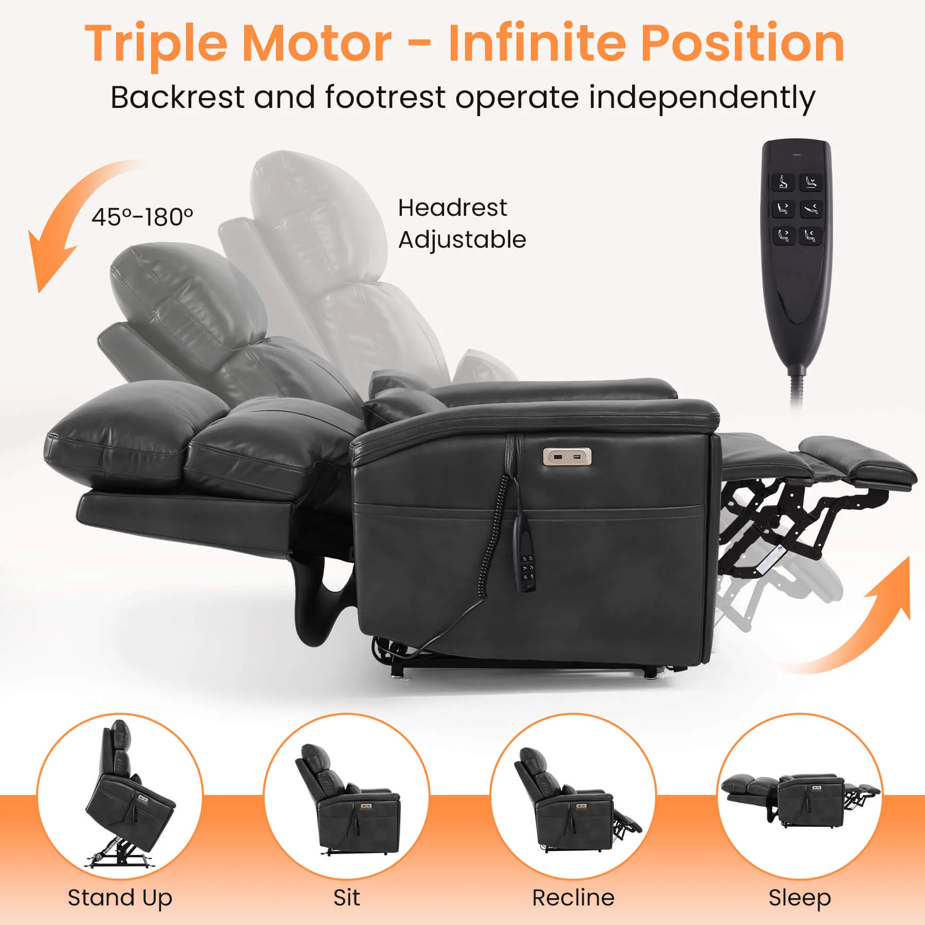 Triple Motor Infinite Position Power Lift Recliner Chair with Adjustable Headrest & Hidden Cup Holders, Massage & Heat, Leather - Image 29