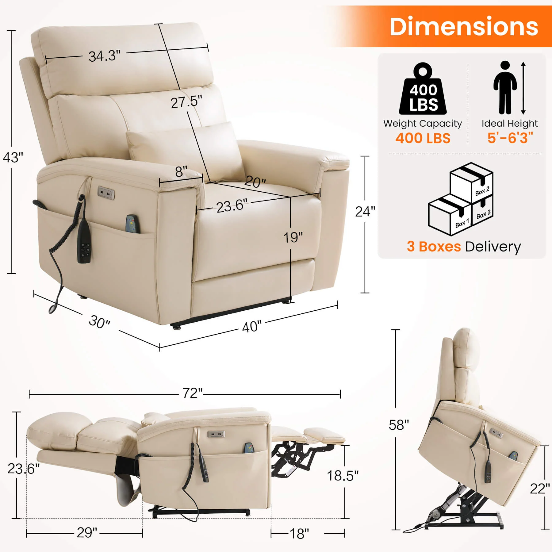 Triple Motor Infinite Position Power Lift Recliner Chair with Adjustable Headrest & Hidden Cup Holders, Massage & Heat, Leather - Image 3