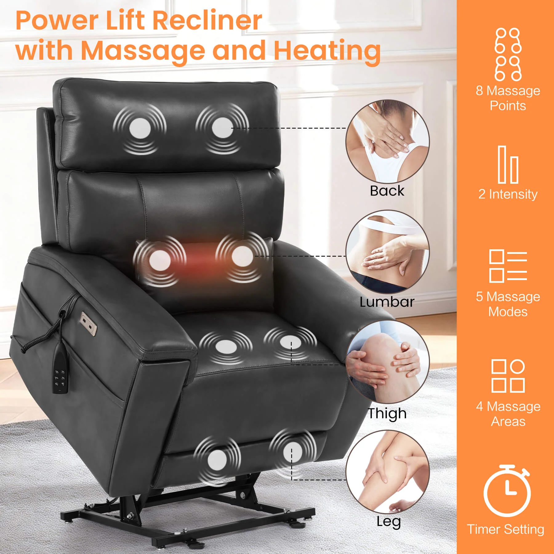 Triple Motor Infinite Position Power Lift Recliner Chair with Adjustable Headrest & Hidden Cup Holders, Massage & Heat, Leather - Image 30