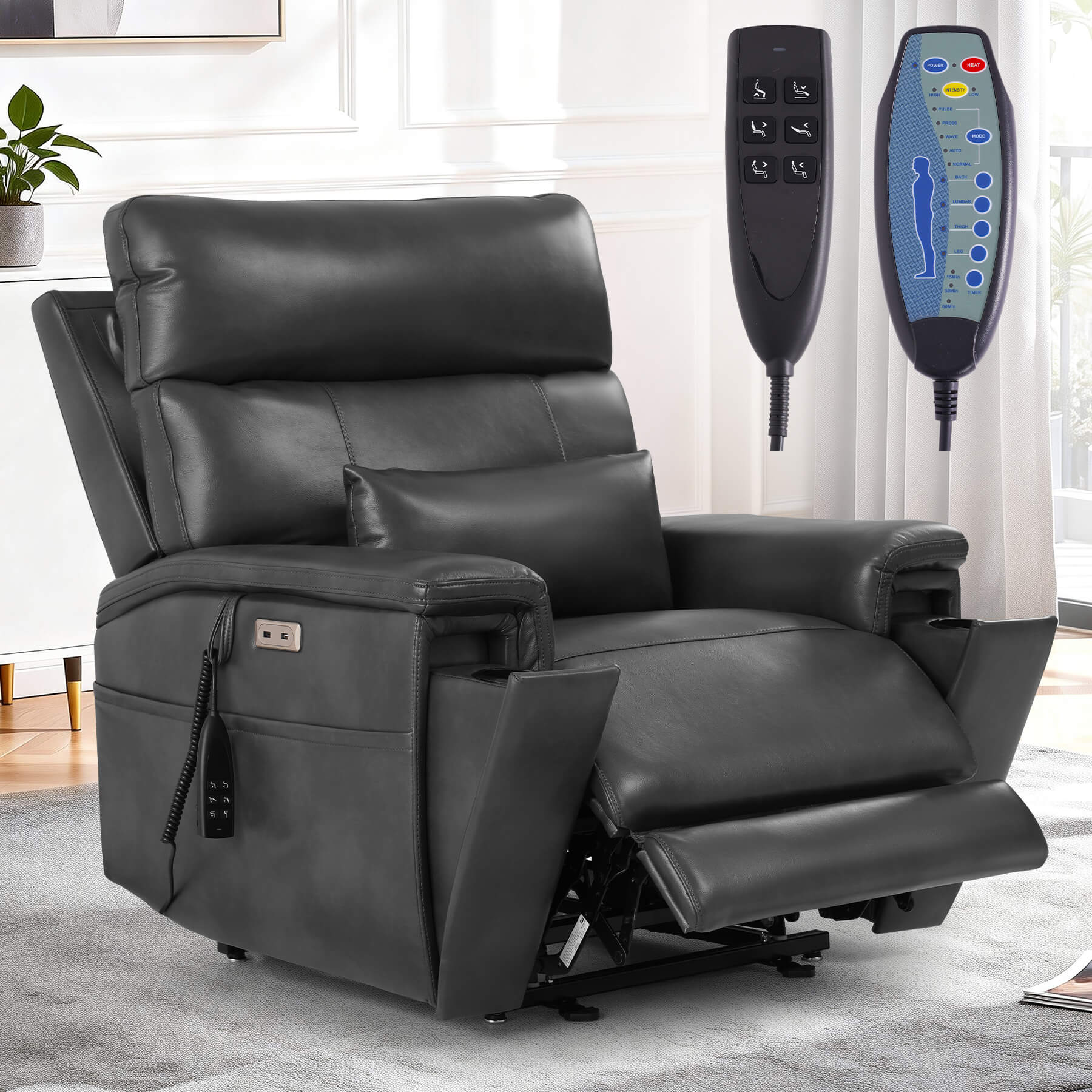 Triple Motor Infinite Position Power Lift Recliner Chair with Adjustable Headrest & Hidden Cup Holders, Massage & Heat, Leather - Image 33