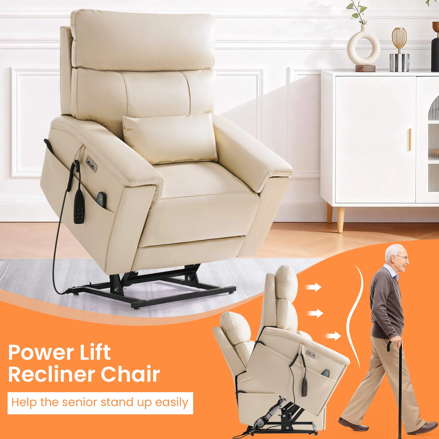 Triple Motor Infinite Position Power Lift Recliner Chair with Adjustable Headrest & Hidden Cup Holders, Massage & Heat, Leather - Image 4