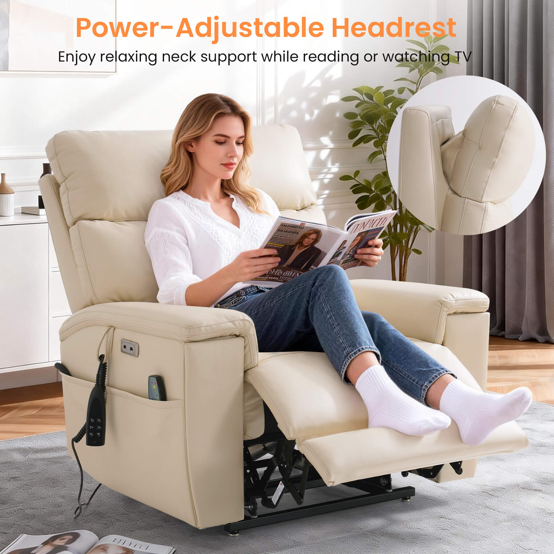 Triple Motor Infinite Position Power Lift Recliner Chair with Adjustable Headrest & Hidden Cup Holders, Massage & Heat, Leather - Image 5