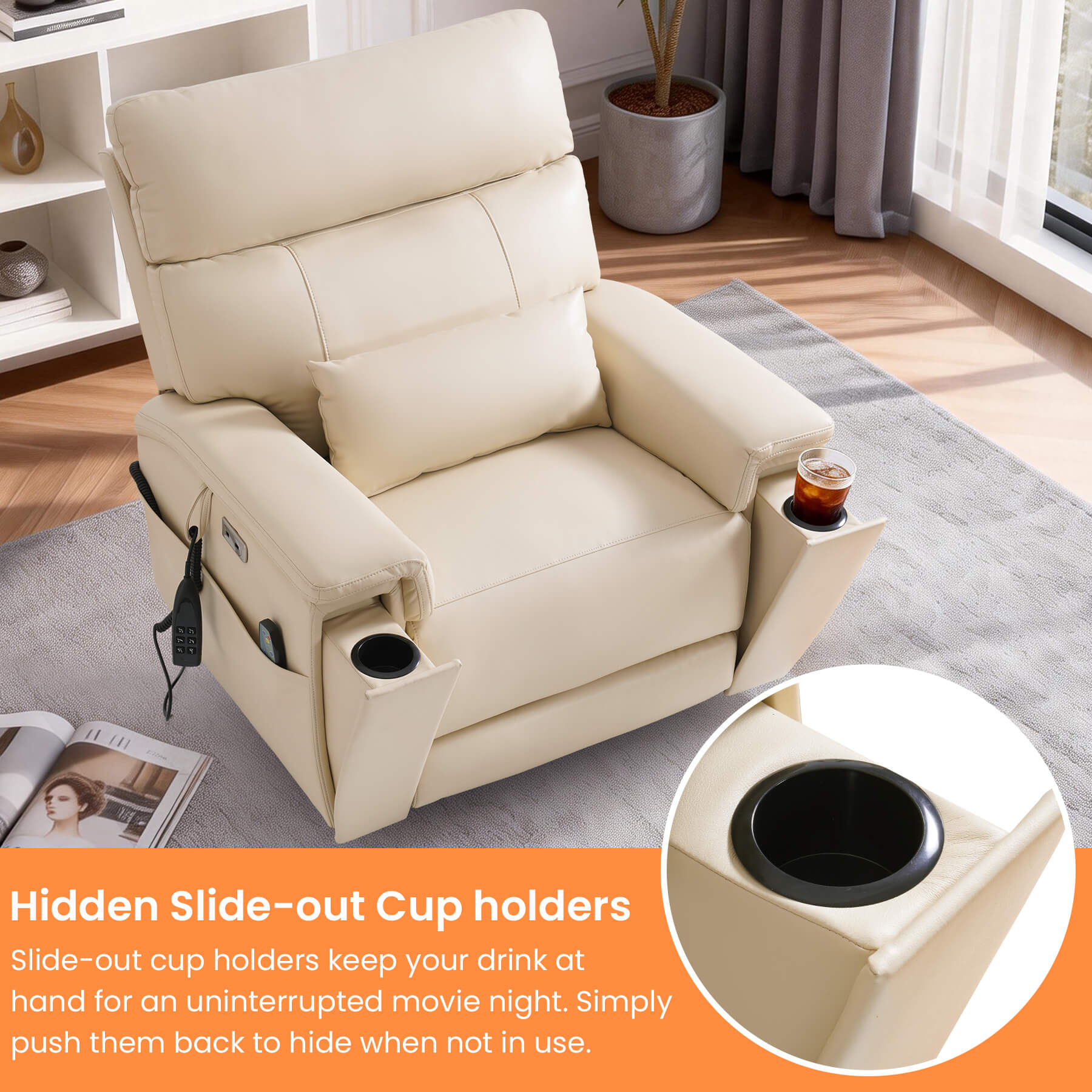 Triple Motor Infinite Position Power Lift Recliner Chair with Adjustable Headrest & Hidden Cup Holders, Massage & Heat, Leather - Image 6