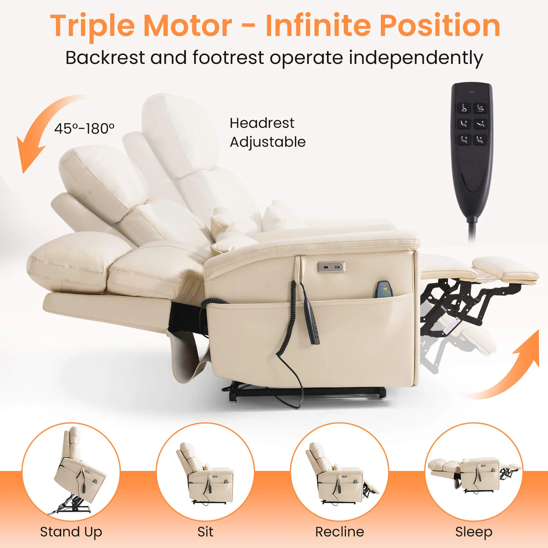 Triple Motor Infinite Position Power Lift Recliner Chair with Adjustable Headrest & Hidden Cup Holders, Massage & Heat, Leather - Image 7