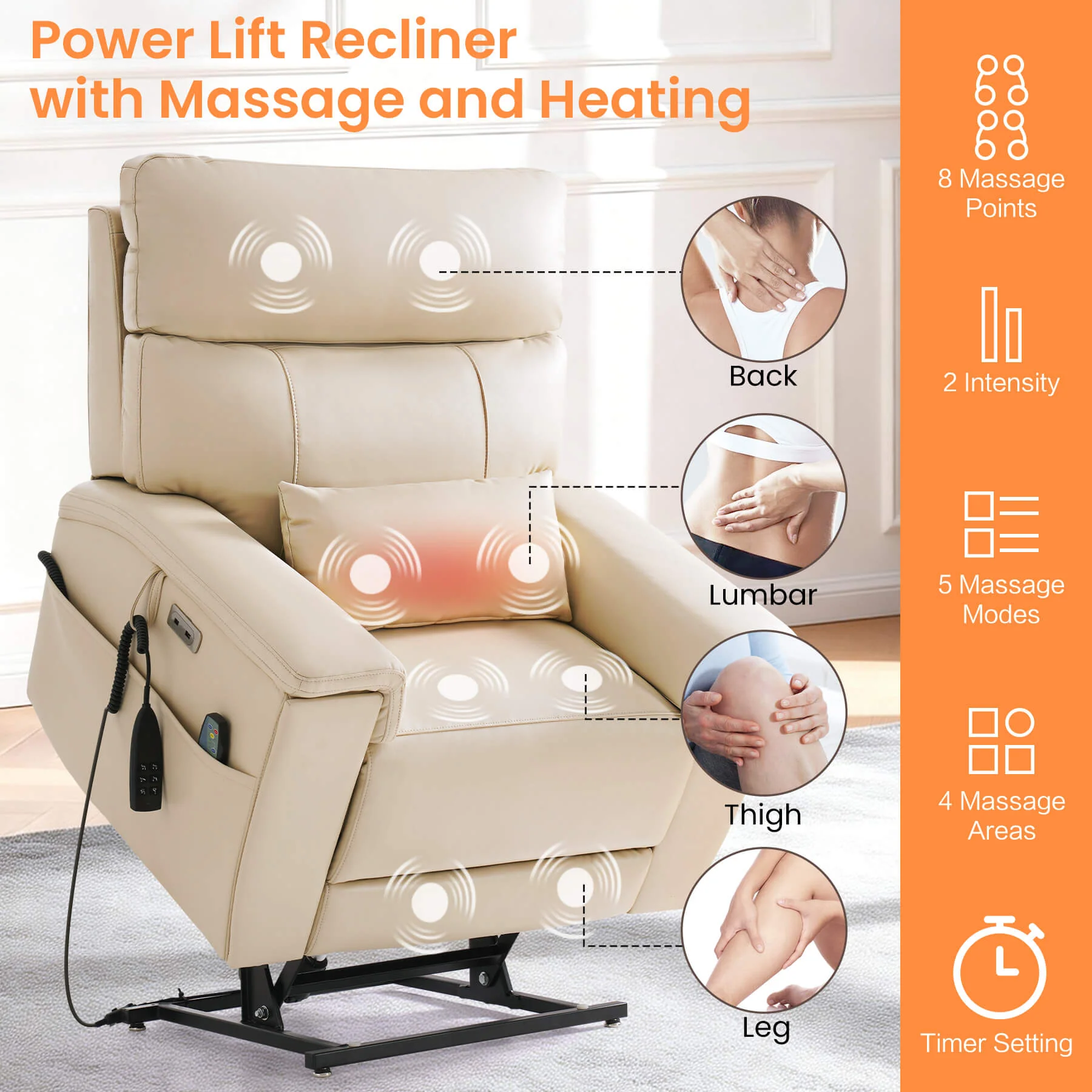 Triple Motor Infinite Position Power Lift Recliner Chair with Adjustable Headrest & Hidden Cup Holders, Massage & Heat, Leather - Image 8