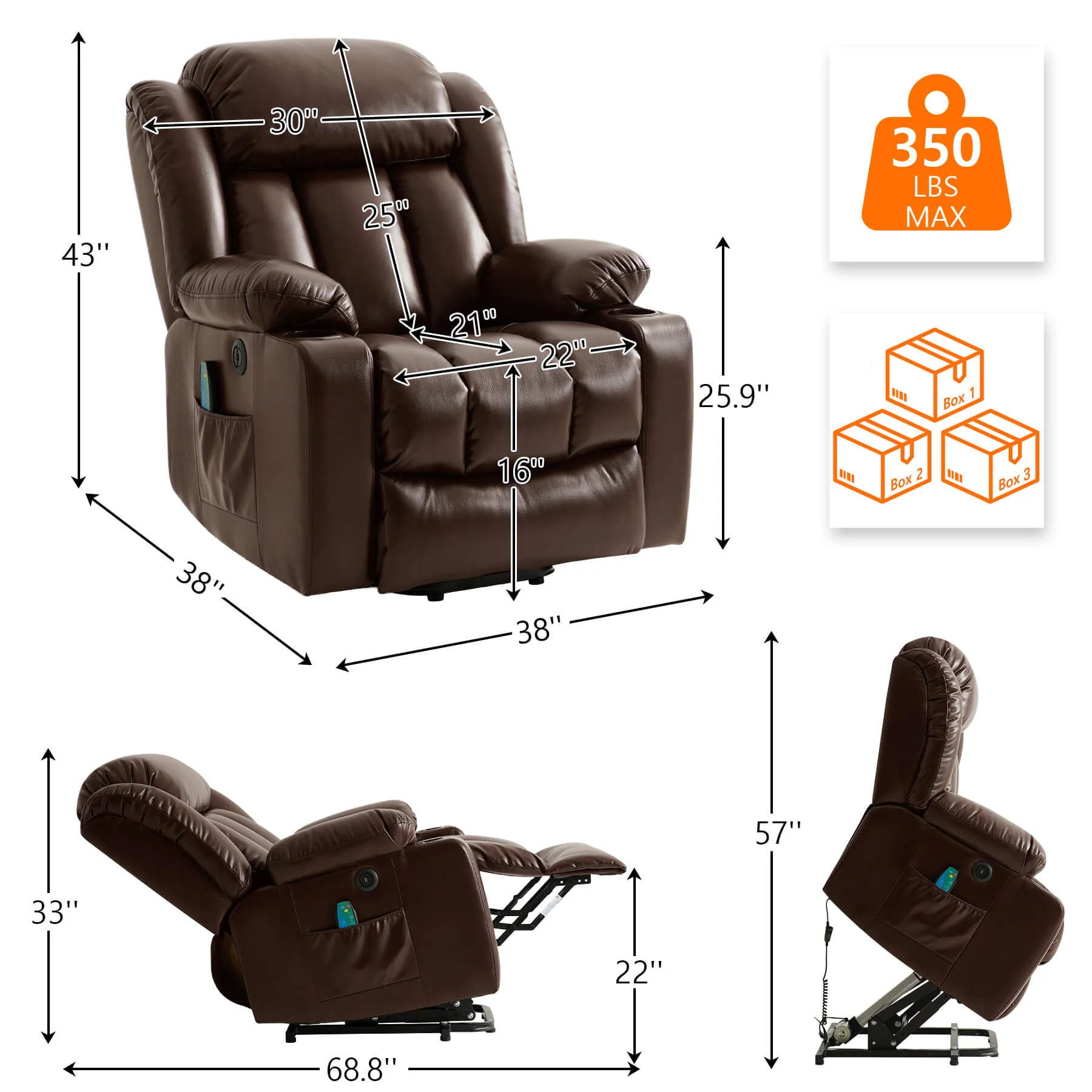 Luxury Power Lift Recliner Chair With Vibration Massage and Heating, 38" Width - Image 3