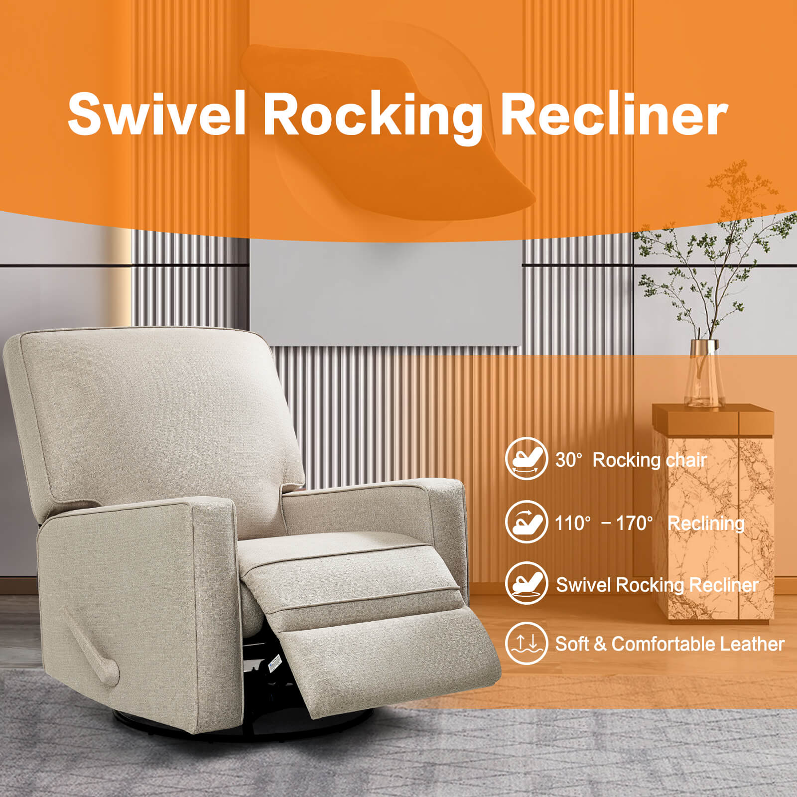 Large Swivel Rocking Recliner, Nursery Swivel Glider Fabric Manual Recliner Chair, Max 360° Swivel 30° Rocking, 35.4" Width - Image 10
