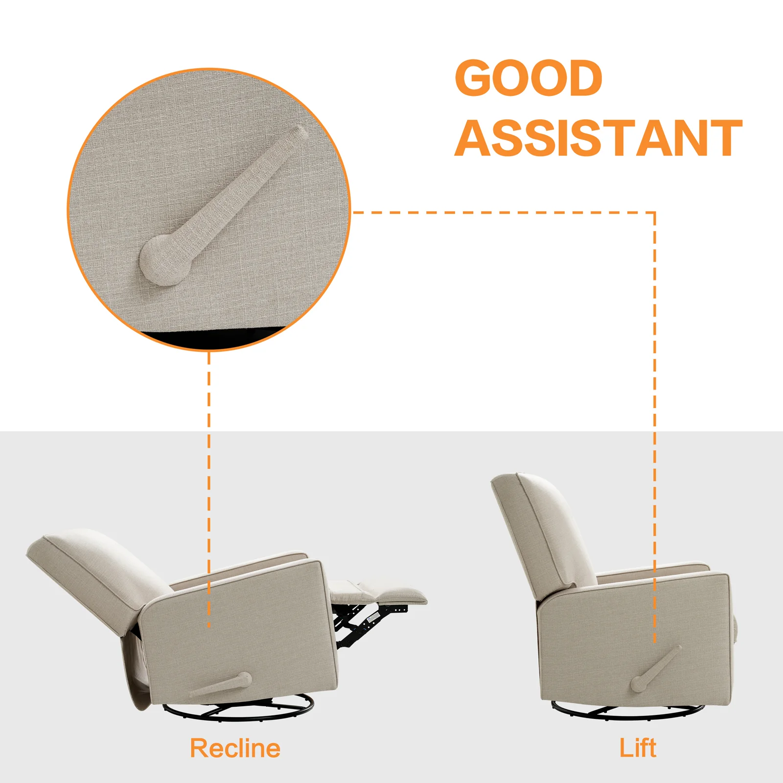 Large Swivel Rocking Recliner, Nursery Swivel Glider Fabric Manual Recliner Chair, Max 360° Swivel 30° Rocking, 35.4" Width - Image 11
