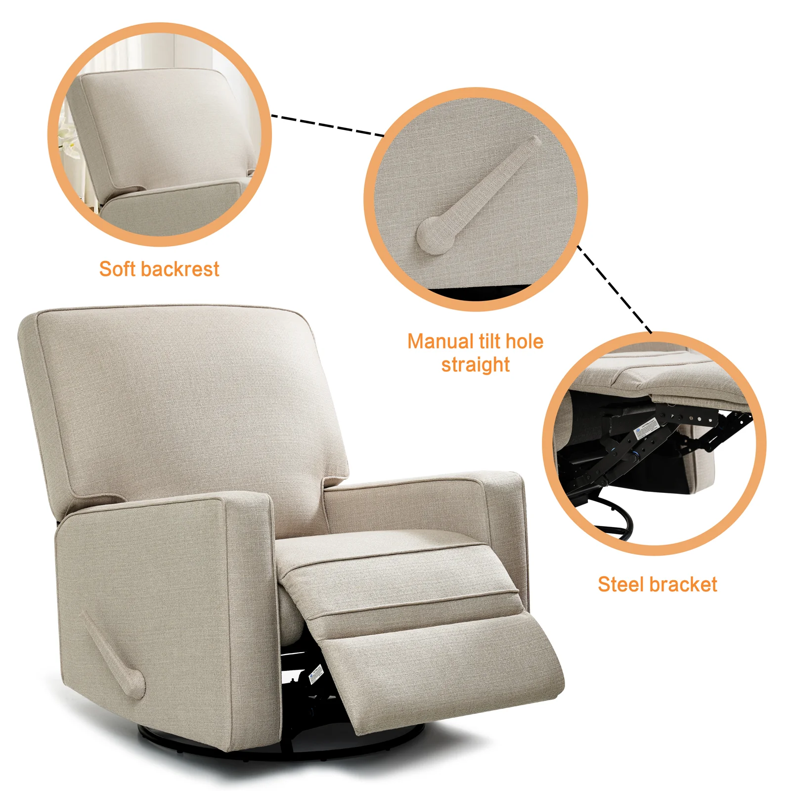 Large Swivel Rocking Recliner, Nursery Swivel Glider Fabric Manual Recliner Chair, Max 360° Swivel 30° Rocking, 35.4" Width - Image 12