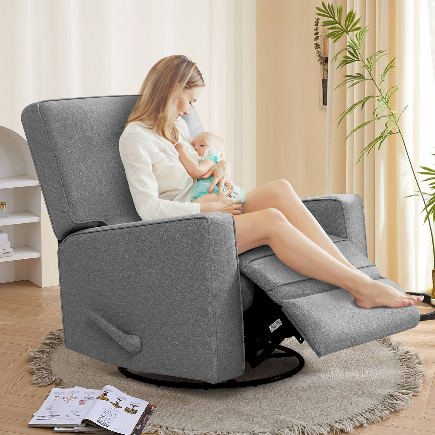Large Swivel Rocking Recliner, Nursery Swivel Glider Fabric Manual Recliner Chair, Max 360° Swivel 30° Rocking, 35.4" Width - Image 13