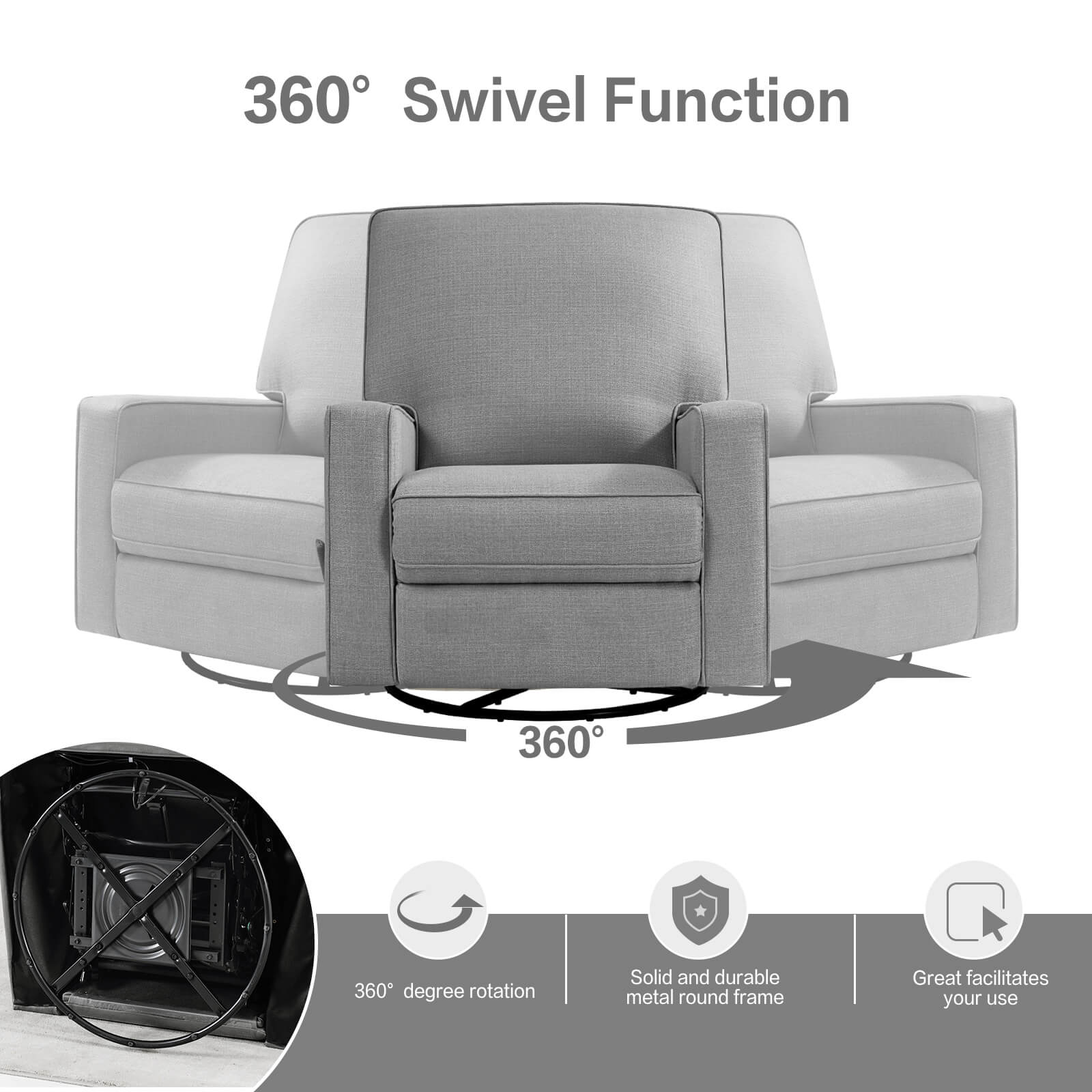 Large Swivel Rocking Recliner, Nursery Swivel Glider Fabric Manual Recliner Chair, Max 360° Swivel 30° Rocking, 35.4" Width - Image 16