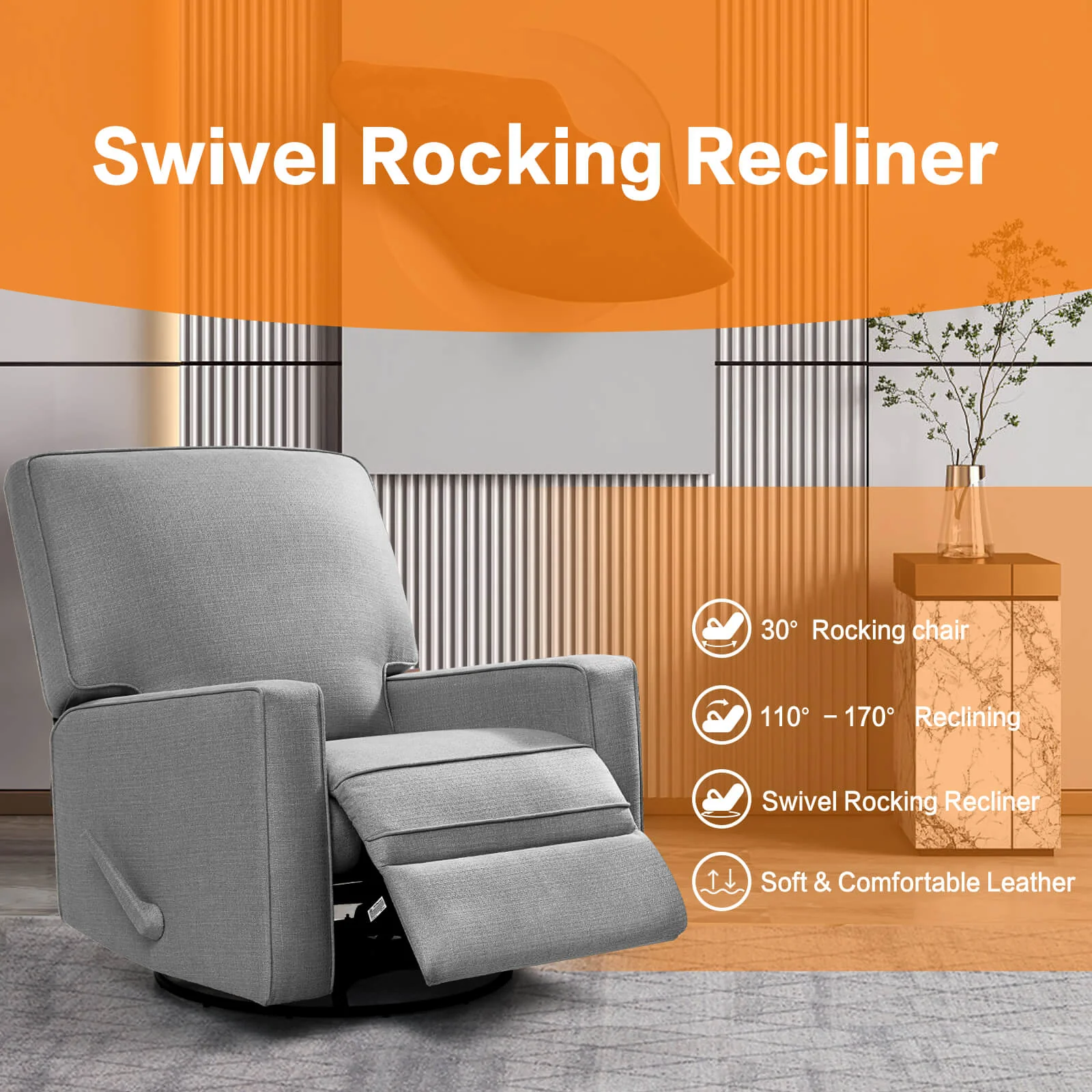 Large Swivel Rocking Recliner, Nursery Swivel Glider Fabric Manual Recliner Chair, Max 360° Swivel 30° Rocking, 35.4" Width - Image 18