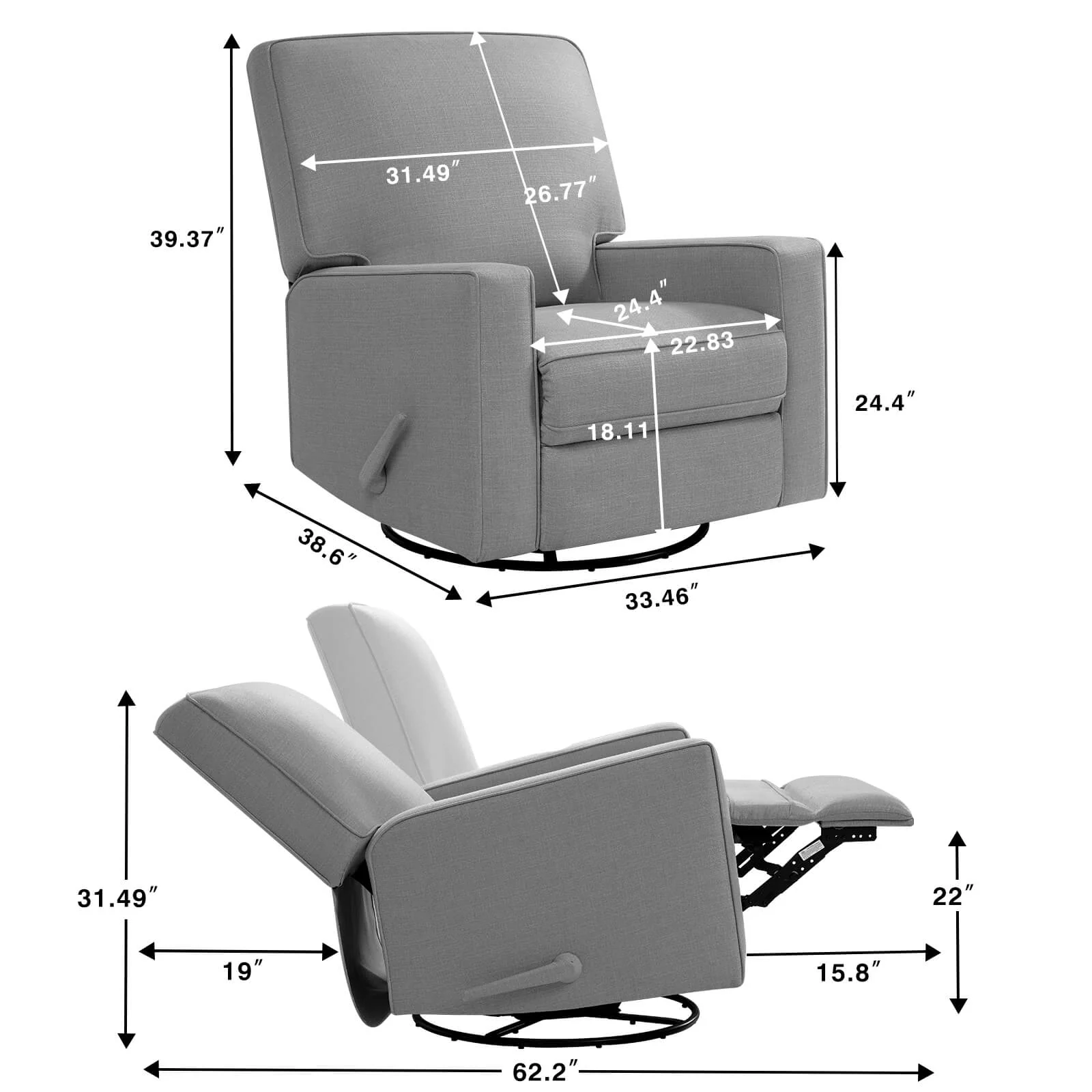 Large Swivel Rocking Recliner, Nursery Swivel Glider Fabric Manual Recliner Chair, Max 360° Swivel 30° Rocking, 35.4" Width - Image 19