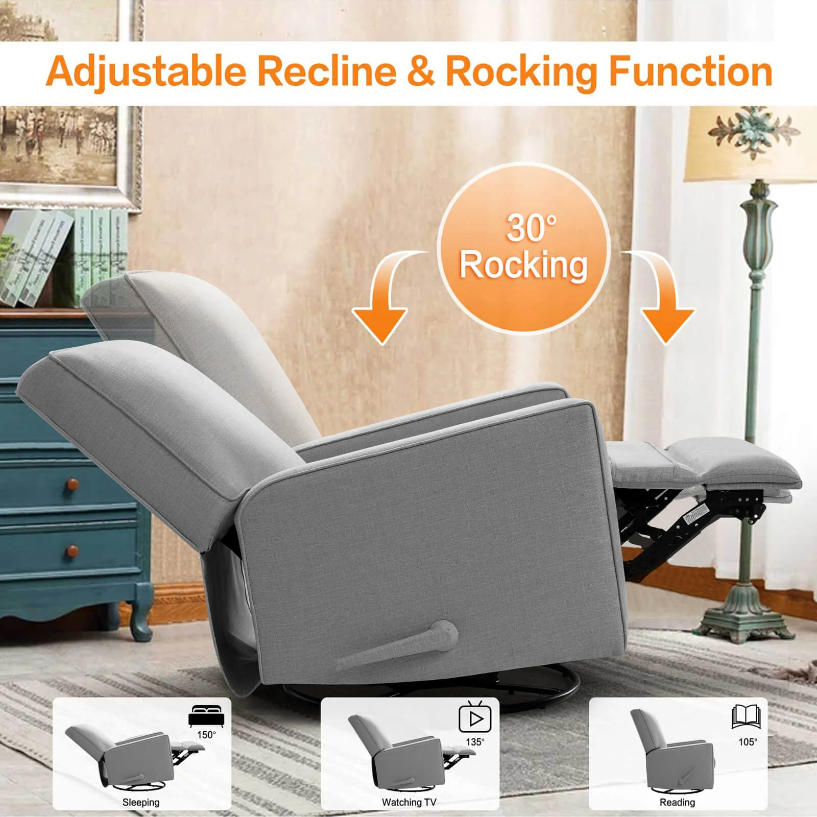 Large Swivel Rocking Recliner, Nursery Swivel Glider Fabric Manual Recliner Chair, Max 360° Swivel 30° Rocking, 35.4" Width - Image 20