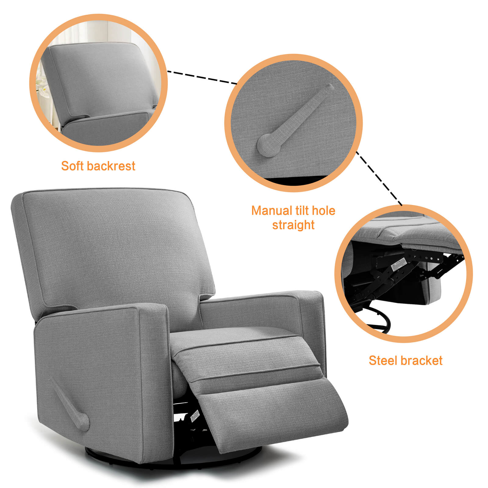 Large Swivel Rocking Recliner, Nursery Swivel Glider Fabric Manual Recliner Chair, Max 360° Swivel 30° Rocking, 35.4" Width - Image 22