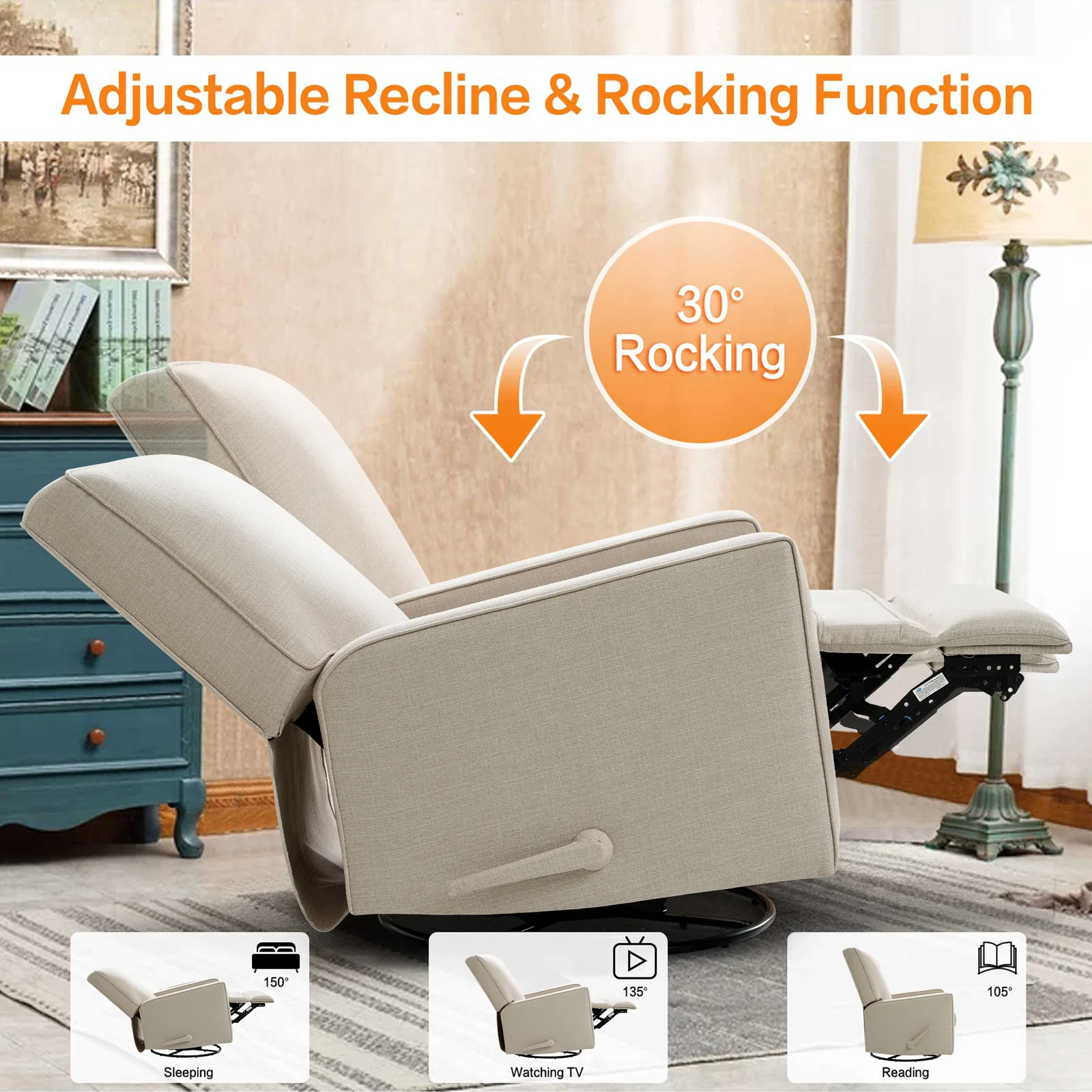 Large Swivel Rocking Recliner, Nursery Swivel Glider Fabric Manual Recliner Chair, Max 360° Swivel 30° Rocking, 35.4" Width - Image 6
