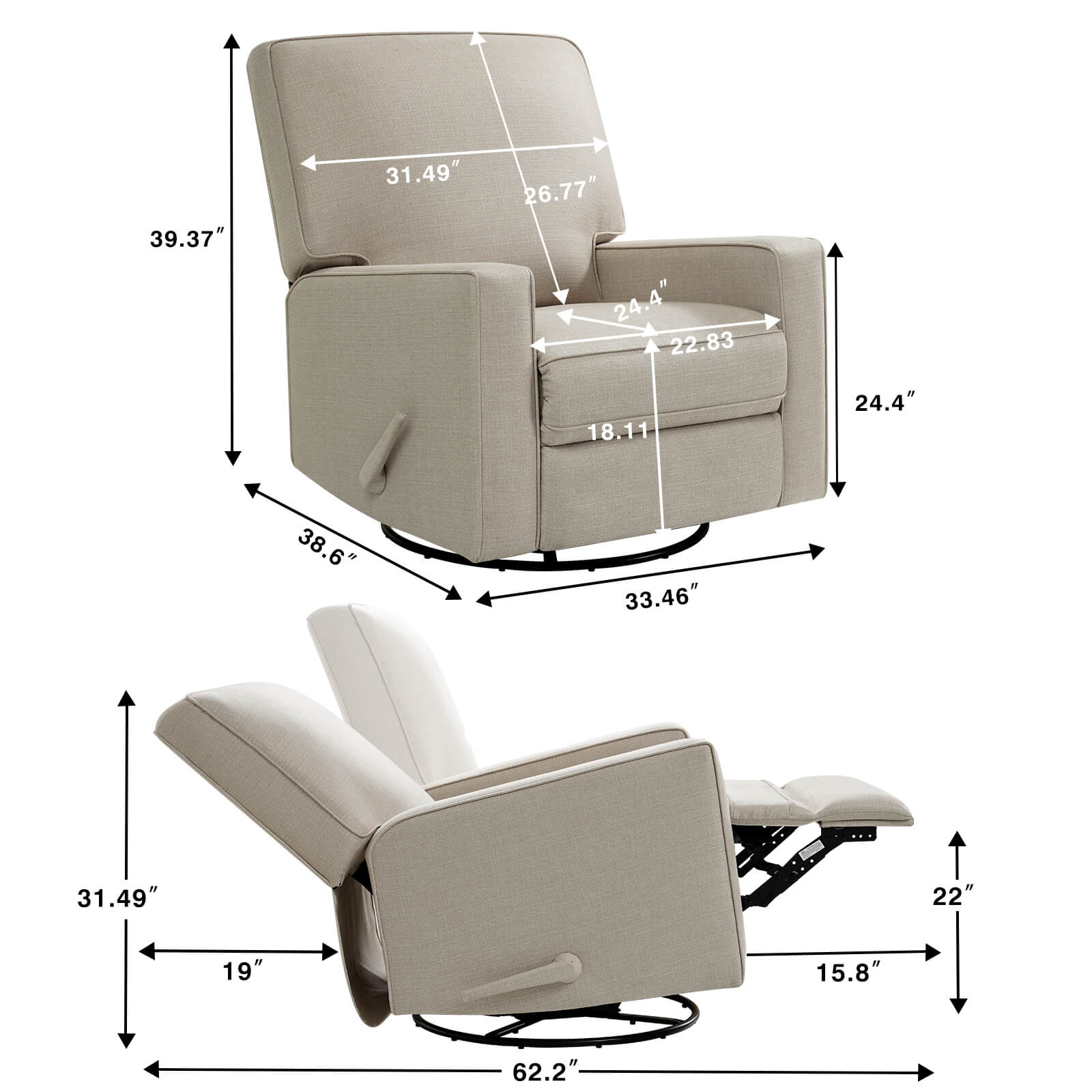 Large Swivel Rocking Recliner, Nursery Swivel Glider Fabric Manual Recliner Chair, Max 360° Swivel 30° Rocking, 35.4" Width - Image 7