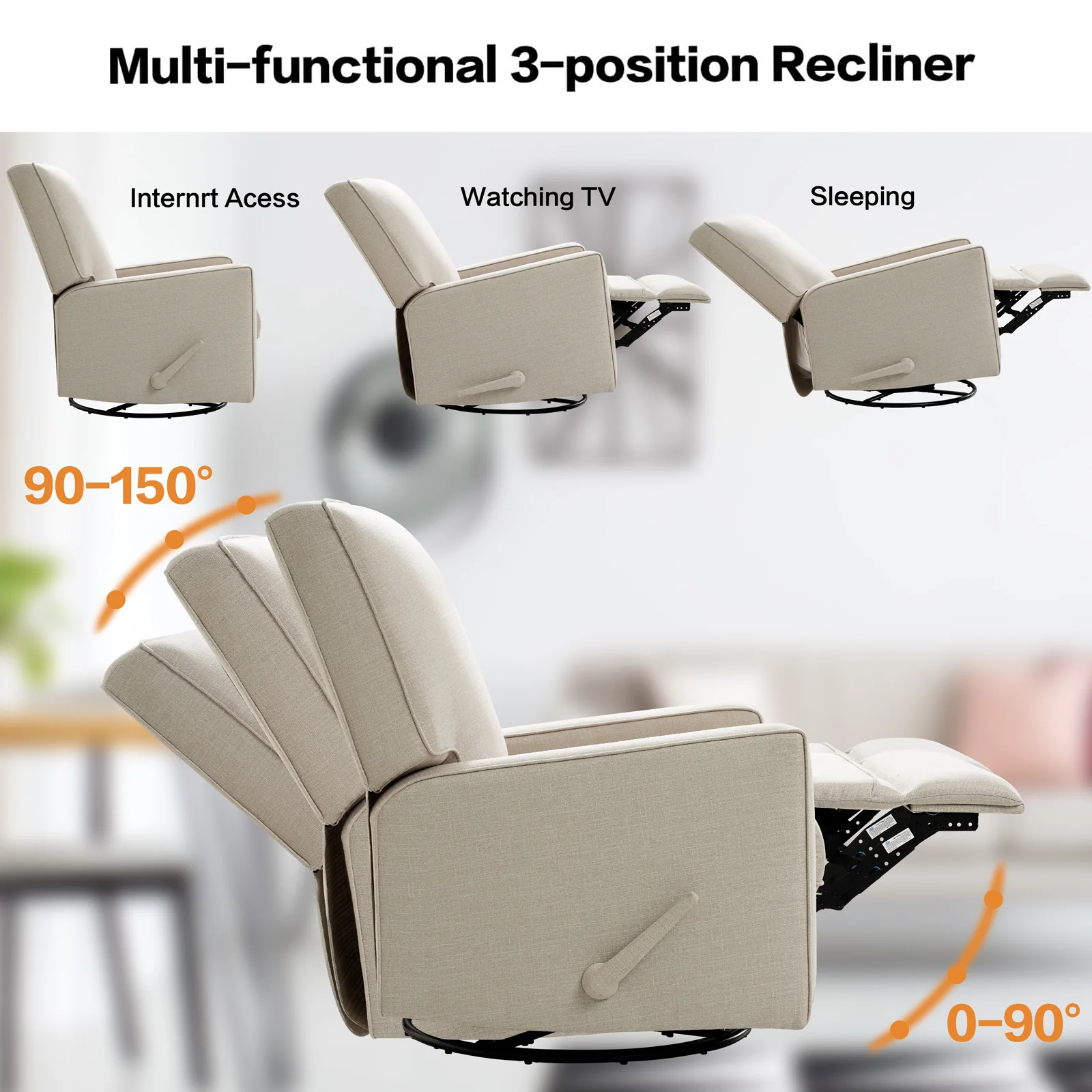 Large Swivel Rocking Recliner, Nursery Swivel Glider Fabric Manual Recliner Chair, Max 360° Swivel 30° Rocking, 35.4" Width - Image 8