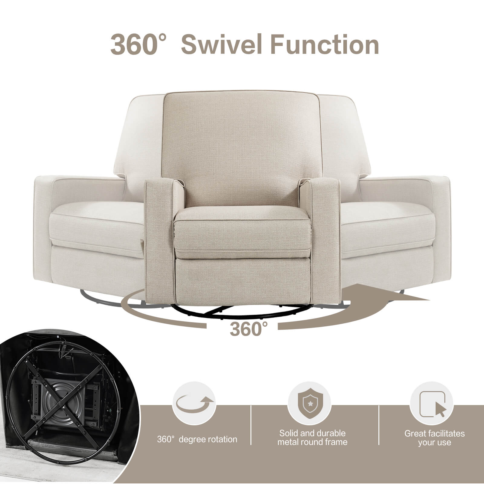 Large Swivel Rocking Recliner, Nursery Swivel Glider Fabric Manual Recliner Chair, Max 360° Swivel 30° Rocking, 35.4" Width - Image 9