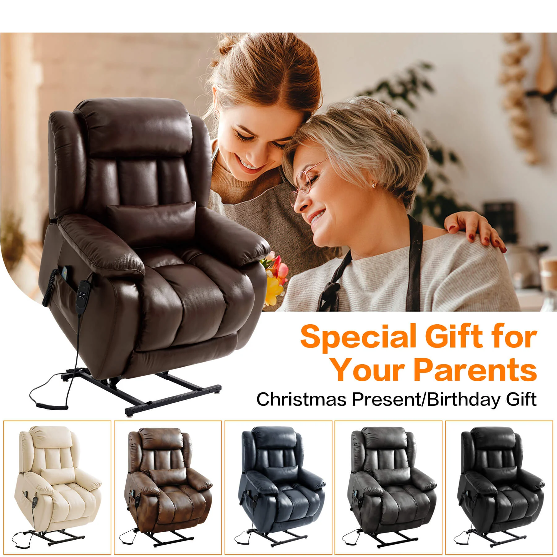 Infinite Position Lift Recliner Chair W/ Massage and Heating, Power by Dual Motor, Real Leather - Image 10